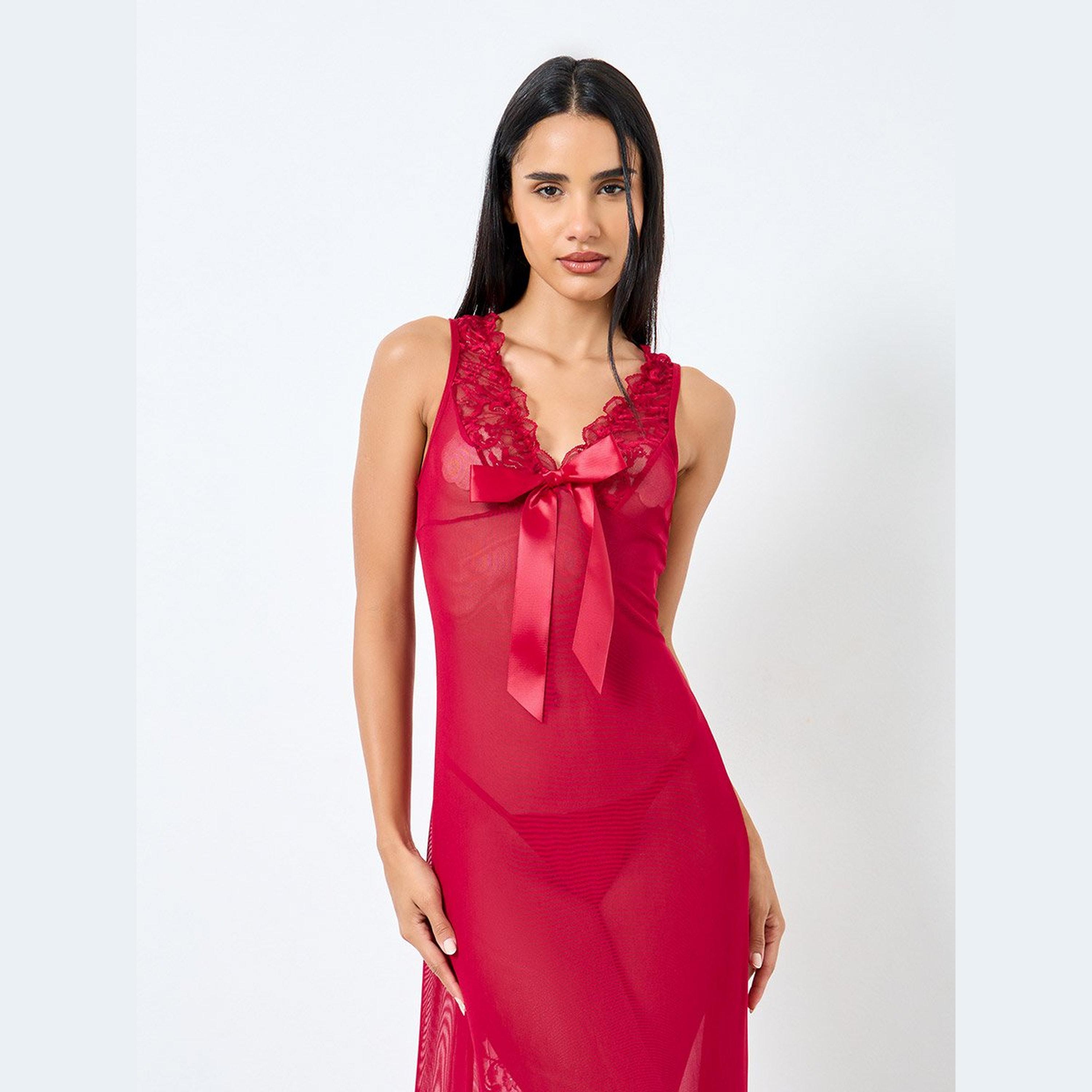 ستايلي - فستان ماكسي طويل مع تفاصيل فيونكة وفتحة في منتصف الظهر وحافة من الدانتيل-women-clothing-lingerie-babydollsandbodysuits-image-3
