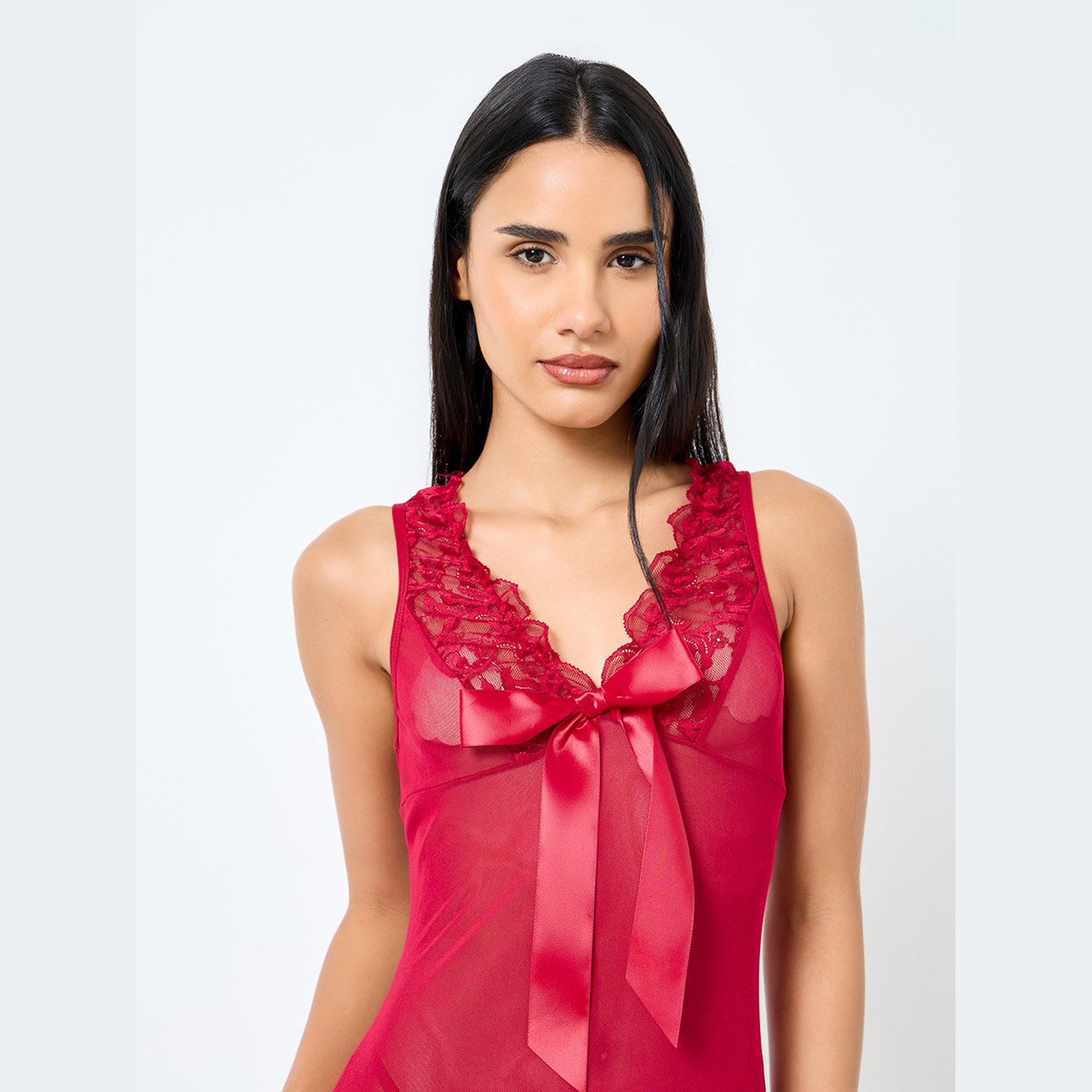 ستايلي - فستان ماكسي طويل مع تفاصيل فيونكة وفتحة في منتصف الظهر وحافة من الدانتيل-women-clothing-lingerie-babydollsandbodysuits-image-4