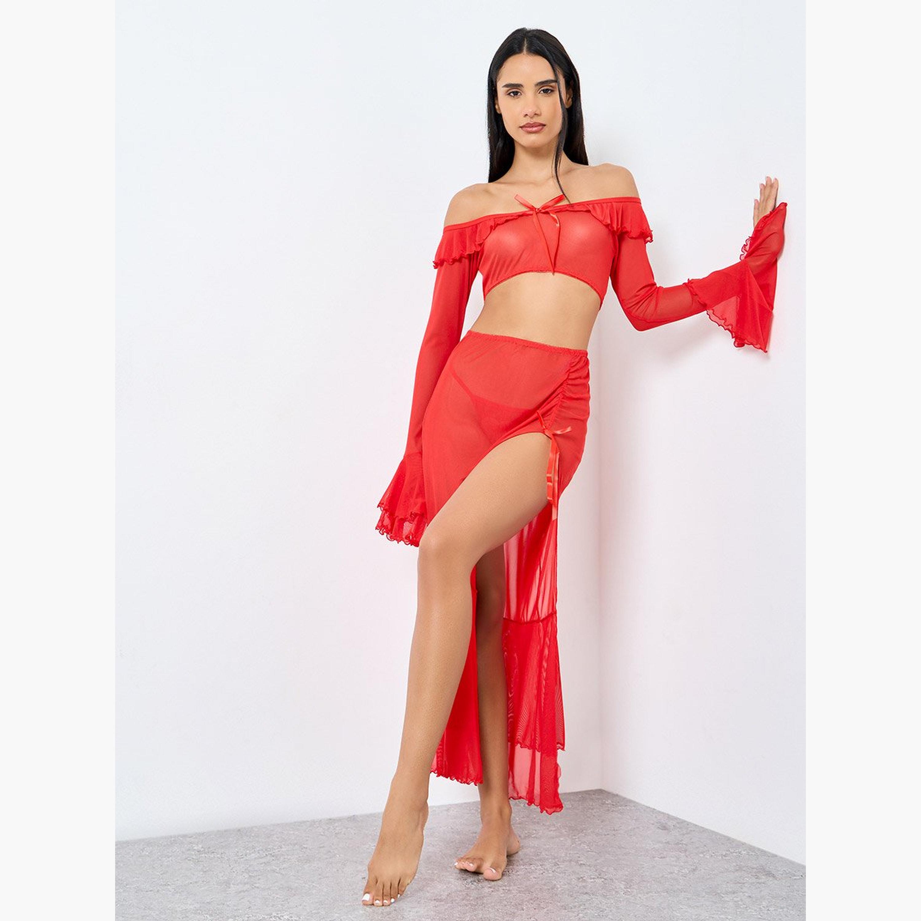 ستايلي - طقم توب مكشوف الكتفين مع تنورة بفتحة عند الفخذ مع سروال داخلي-women-clothing-lingerie-lingeriesets-image-1