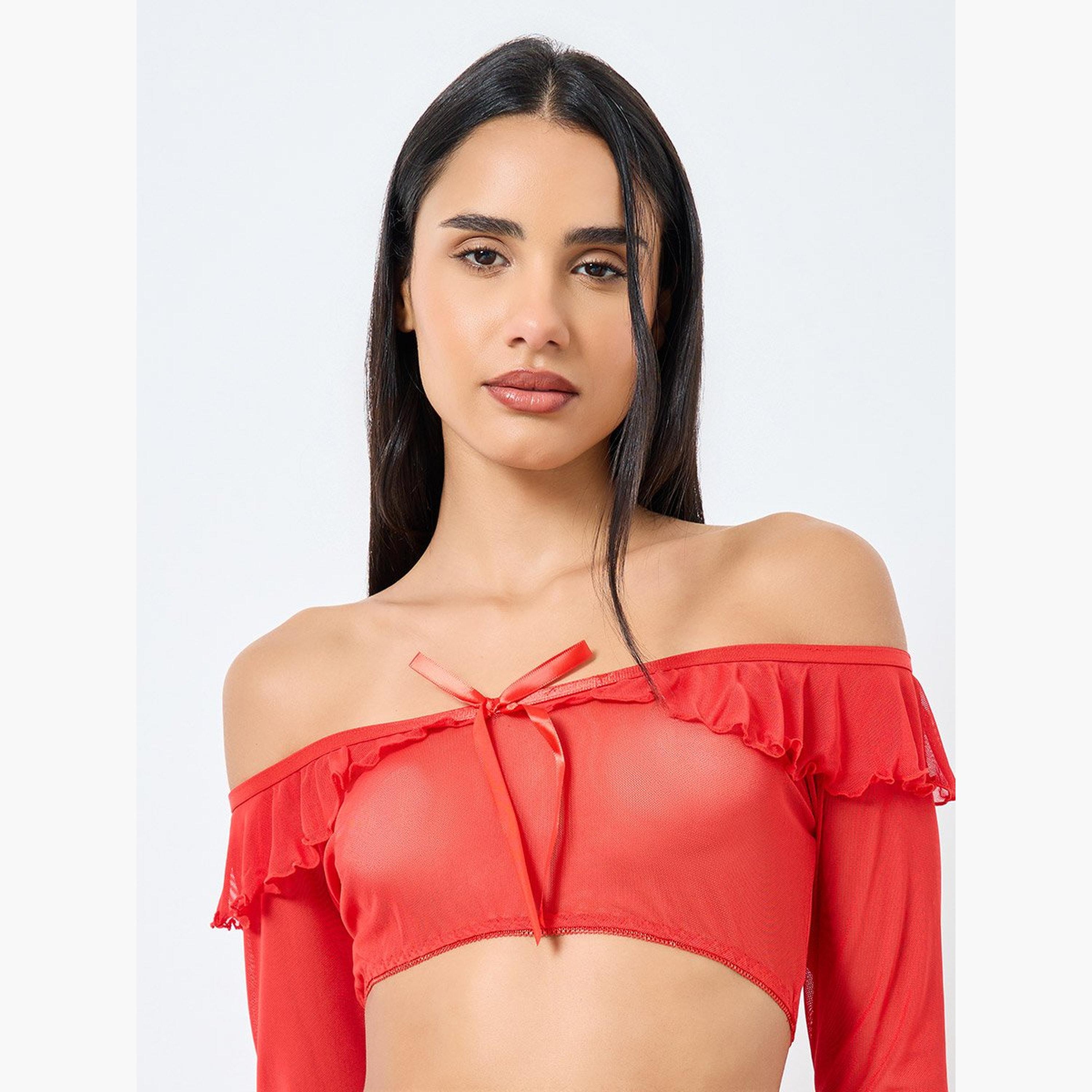 ستايلي - طقم توب مكشوف الكتفين مع تنورة بفتحة عند الفخذ مع سروال داخلي-women-clothing-lingerie-lingeriesets-image-2