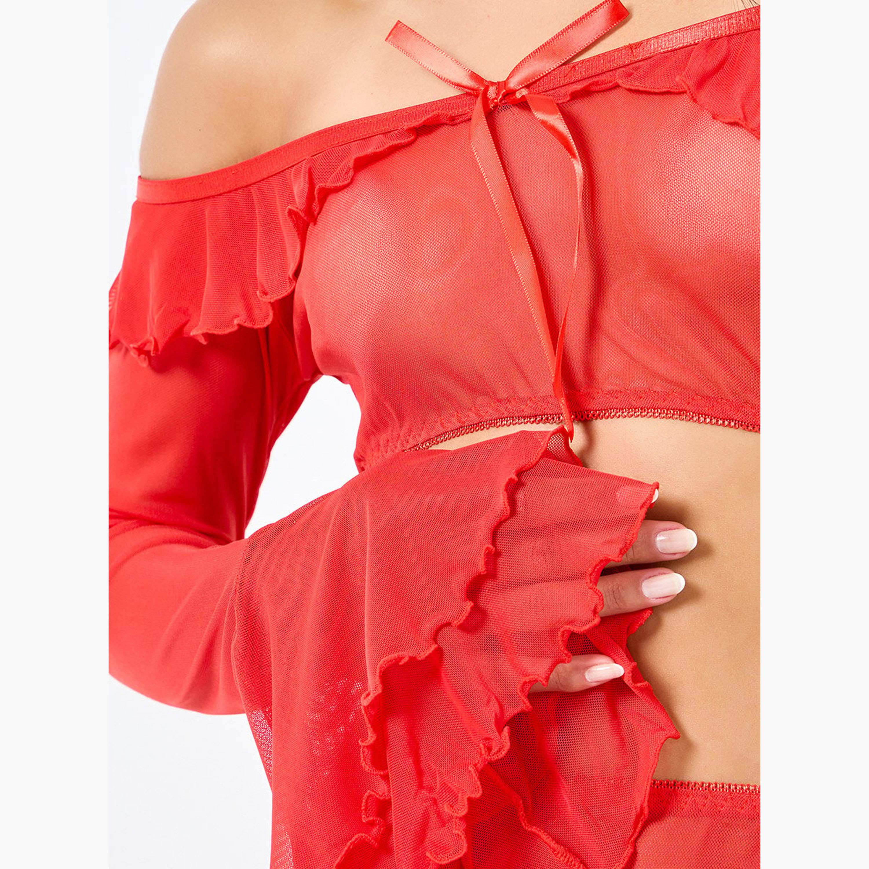 ستايلي - طقم توب مكشوف الكتفين مع تنورة بفتحة عند الفخذ مع سروال داخلي-women-clothing-lingerie-lingeriesets-image-3
