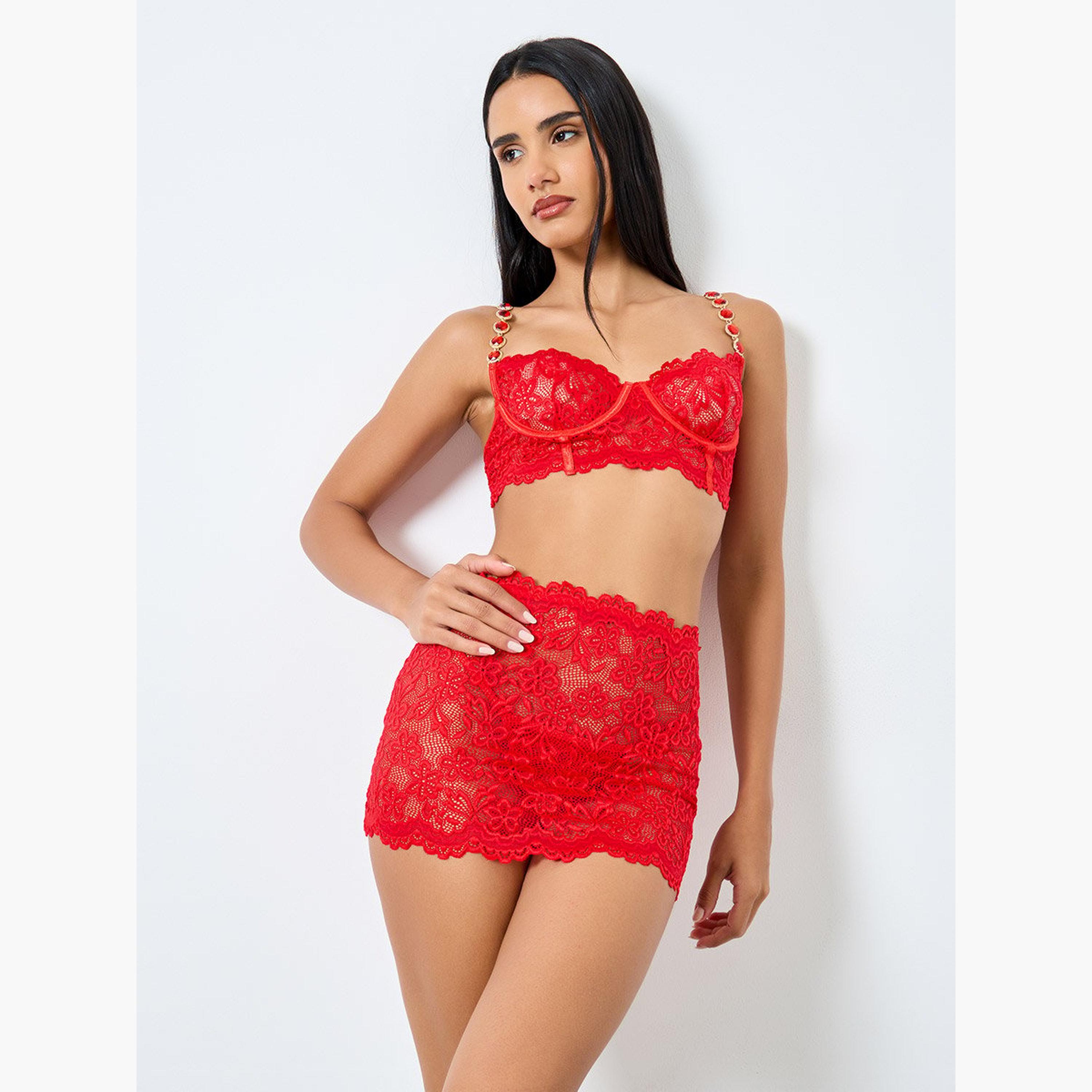 ستايلي - طقم كورسيه دانتيل بأشرطة مزخرفة وتنورة دانتيل مع ثونغ-women-clothing-lingerie-lingeriesets-image-1