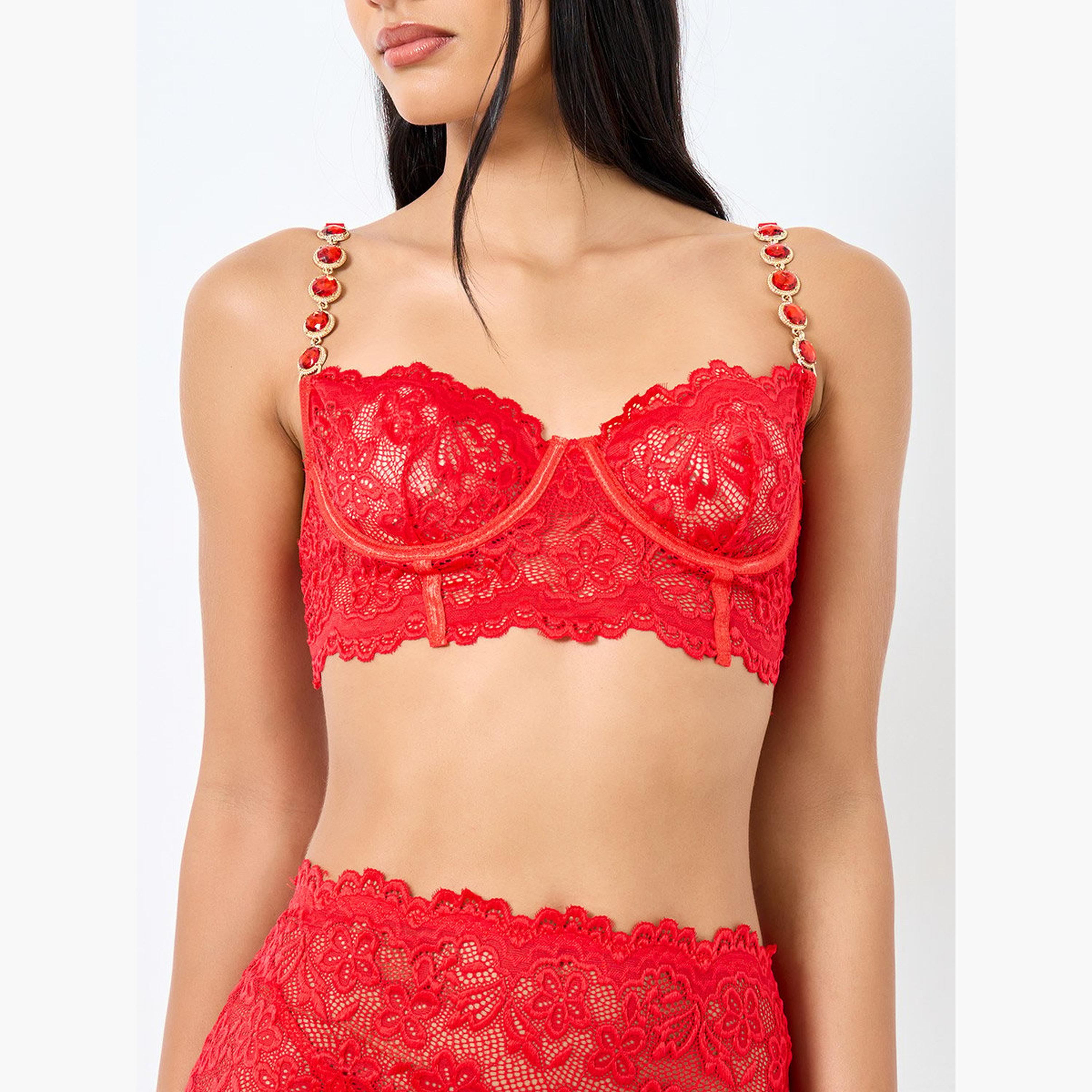 ستايلي - طقم كورسيه دانتيل بأشرطة مزخرفة وتنورة دانتيل مع ثونغ-women-clothing-lingerie-lingeriesets-image-2