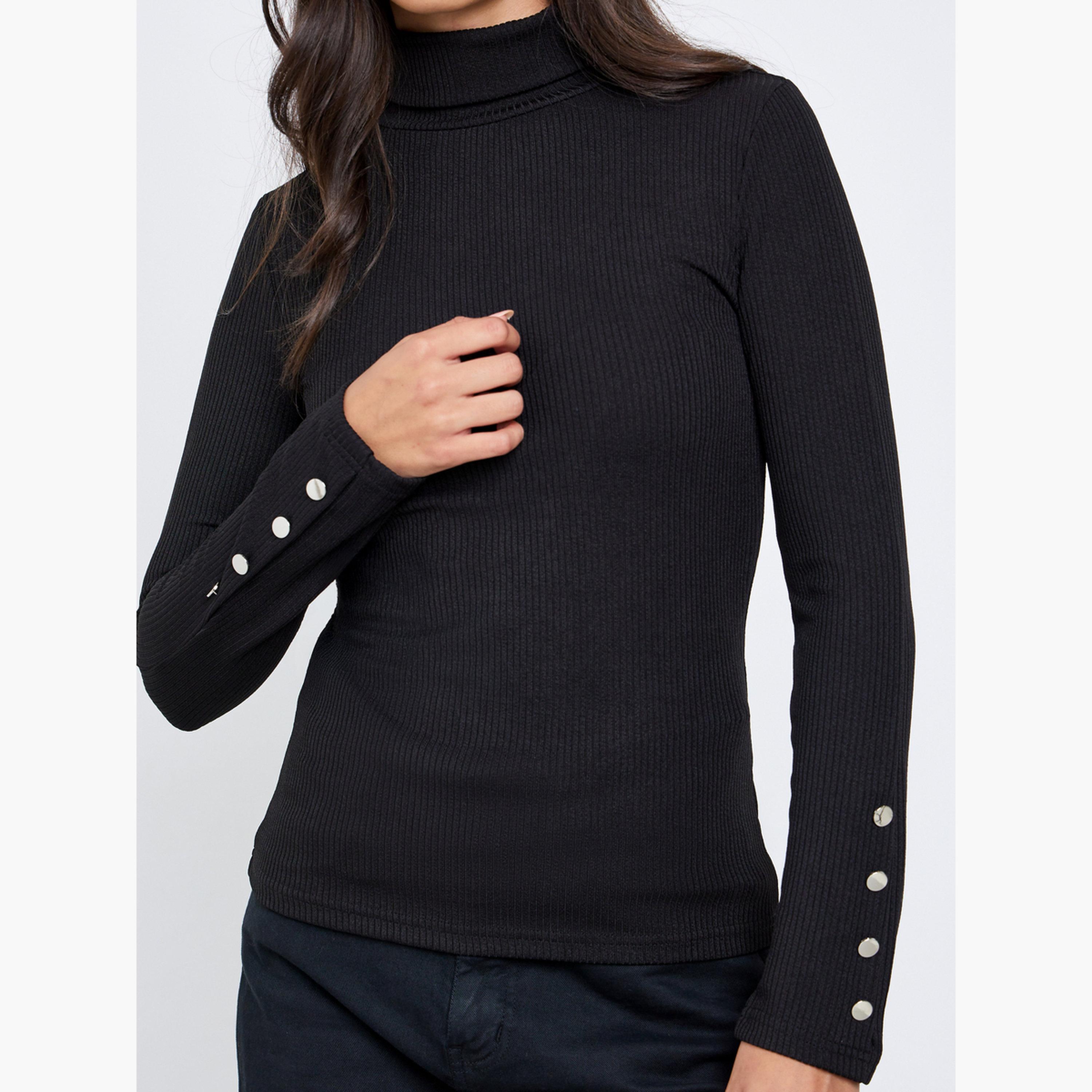 ستايلي - بلوزة سوداء محبوكة بياقة مدورة وأكمام طويلة-women-clothing-tshirts-image-4