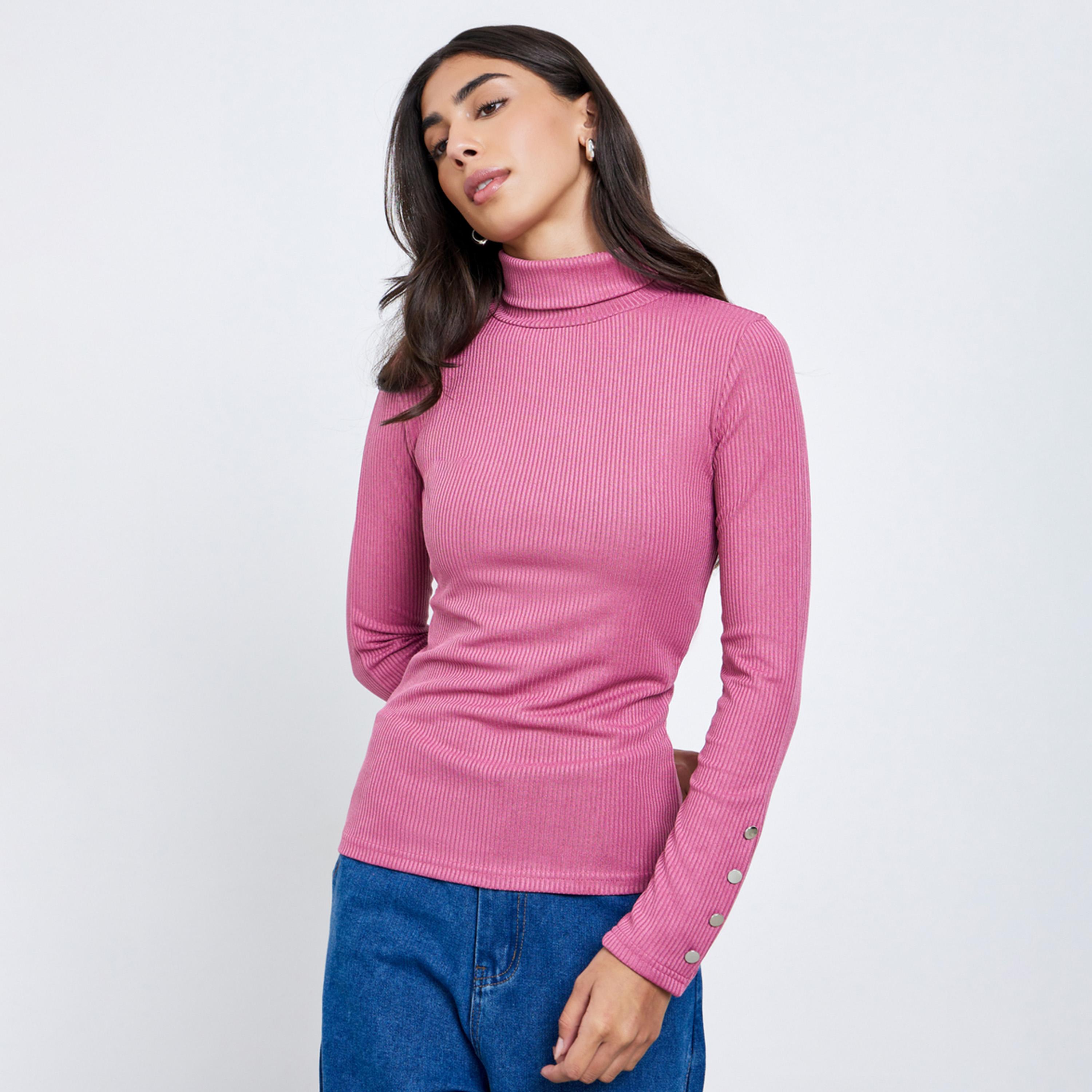 Styli Pink Knit Turtleneck Top with Long Sleeves-women-clothing-tshirts-image-1