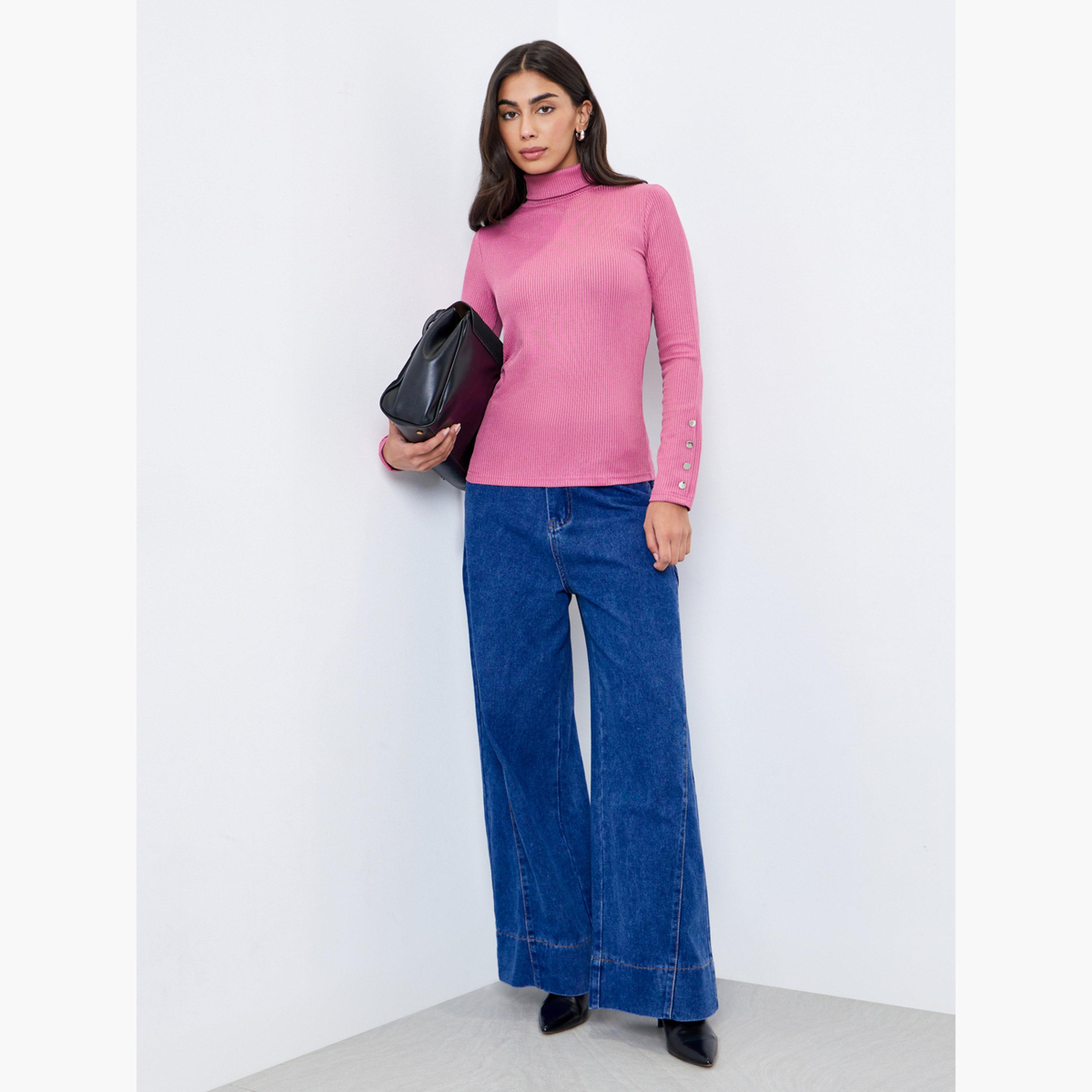 Styli Pink Knit Turtleneck Top with Long Sleeves-women-clothing-tshirts-image-2