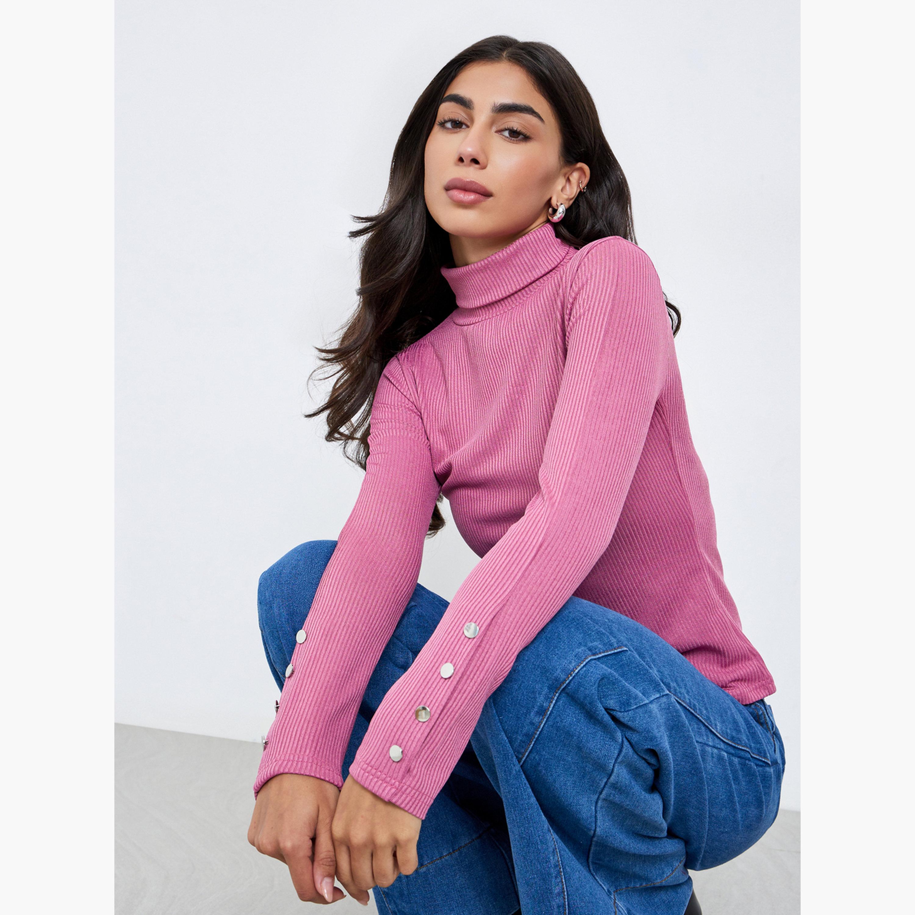 Styli Pink Knit Turtleneck Top with Long Sleeves-women-clothing-tshirts-image-3