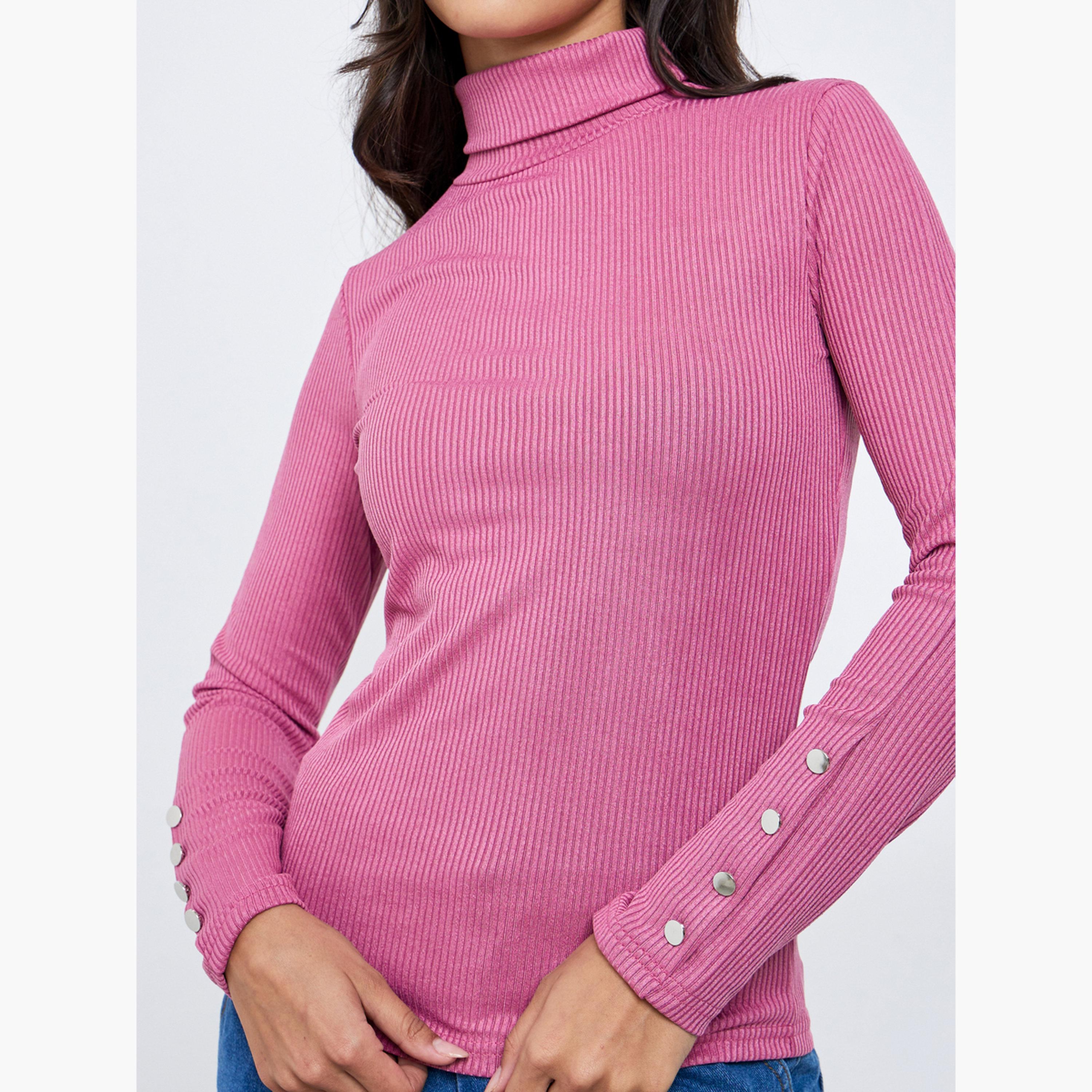 Styli Pink Knit Turtleneck Top with Long Sleeves-women-clothing-tshirts-image-4