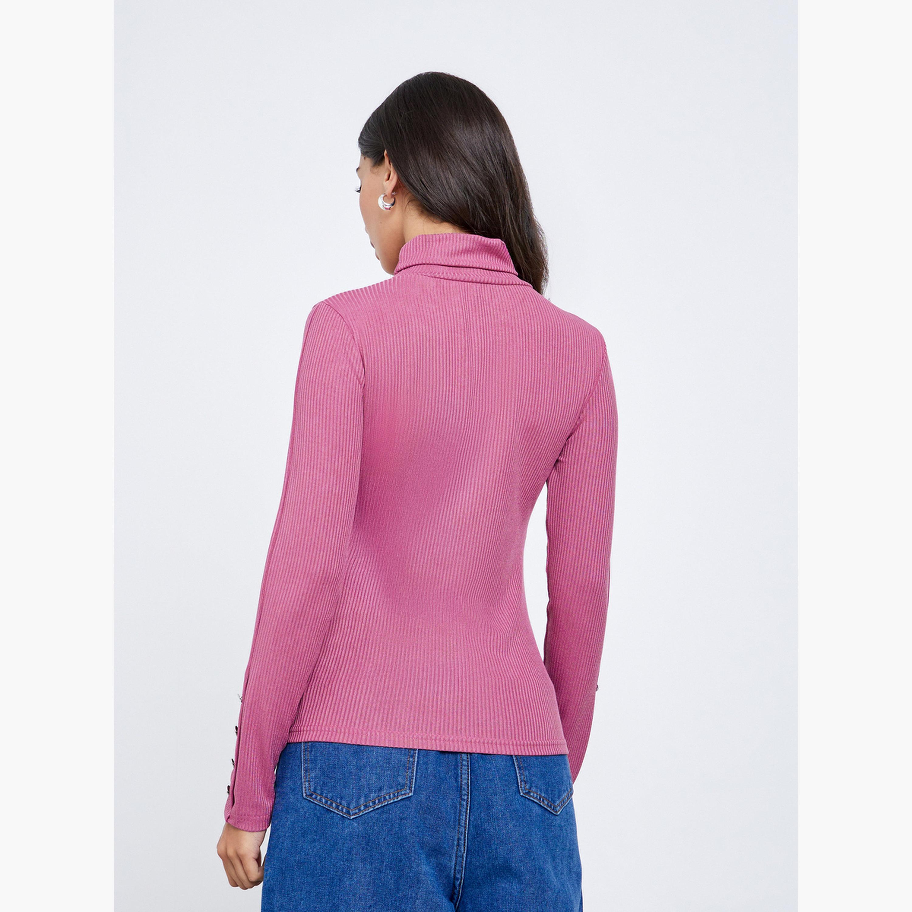 Styli Pink Knit Turtleneck Top with Long Sleeves-women-clothing-tshirts-image-5