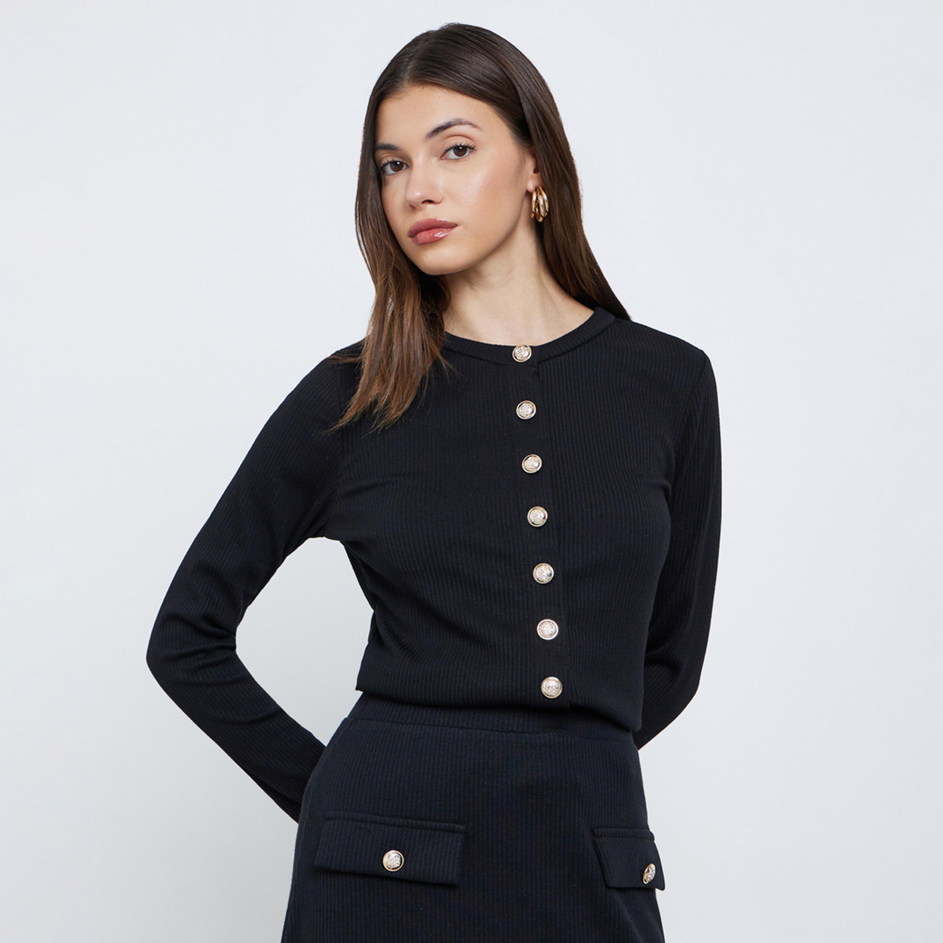 ستايلي - بلوزة سوداء محبوكة مضلعة بأزرار-women-clothing-tshirts-image-5