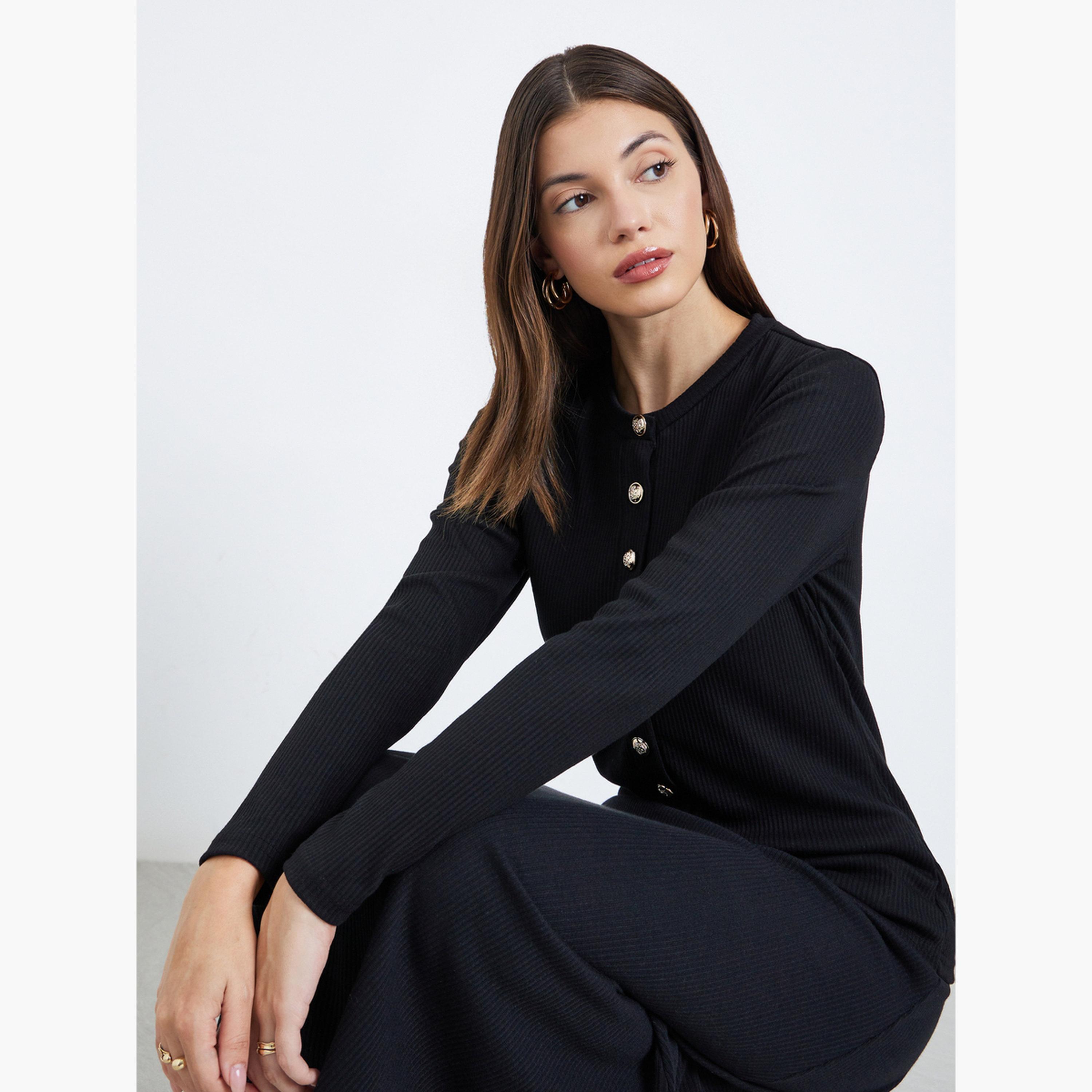 ستايلي - بلوزة سوداء محبوكة مضلعة بأزرار-women-clothing-tshirts-image-3