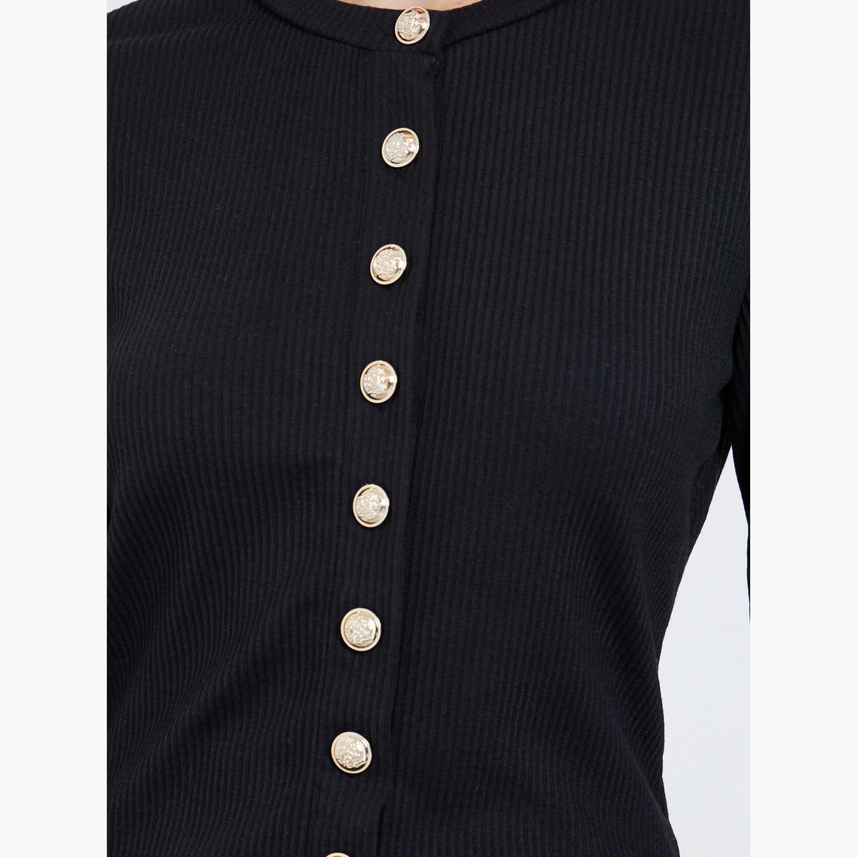 ستايلي - بلوزة سوداء محبوكة مضلعة بأزرار-women-clothing-tshirts-image-2