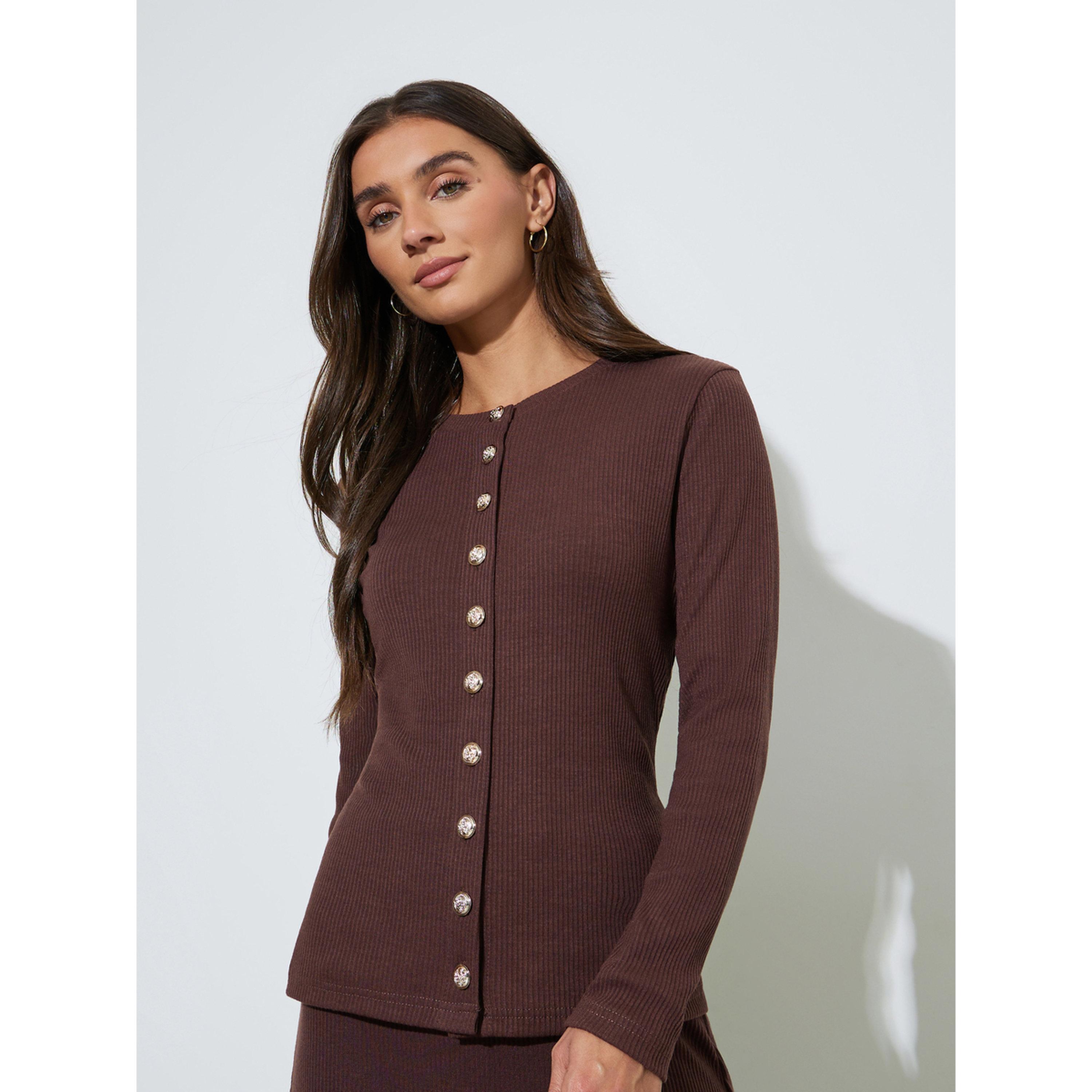 Styli Brown Ribbed Knit Buttoned Top-women-clothing-shirtsandblouses-blouses-image-1