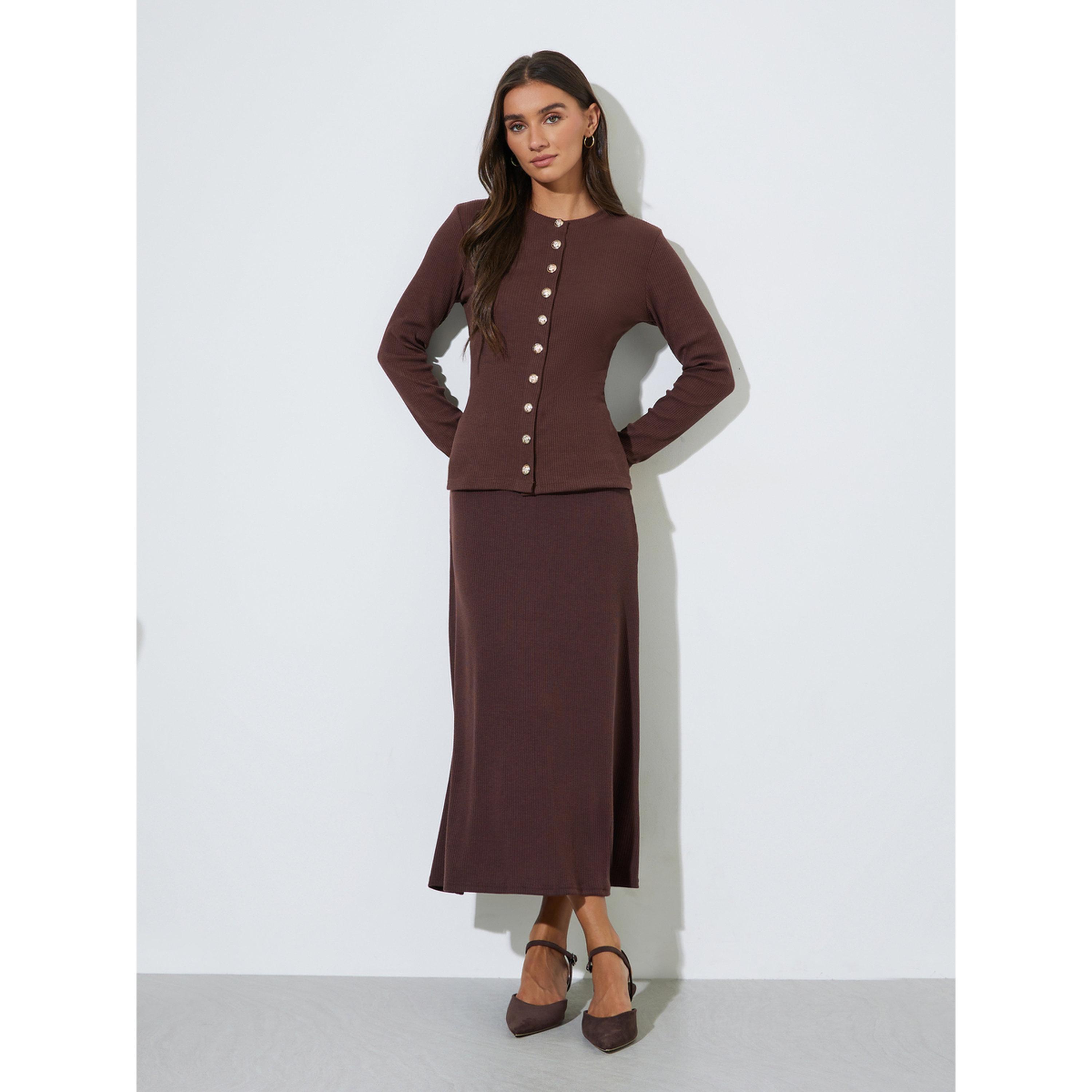 Styli Brown Ribbed Knit Buttoned Top-women-clothing-shirtsandblouses-blouses-image-2