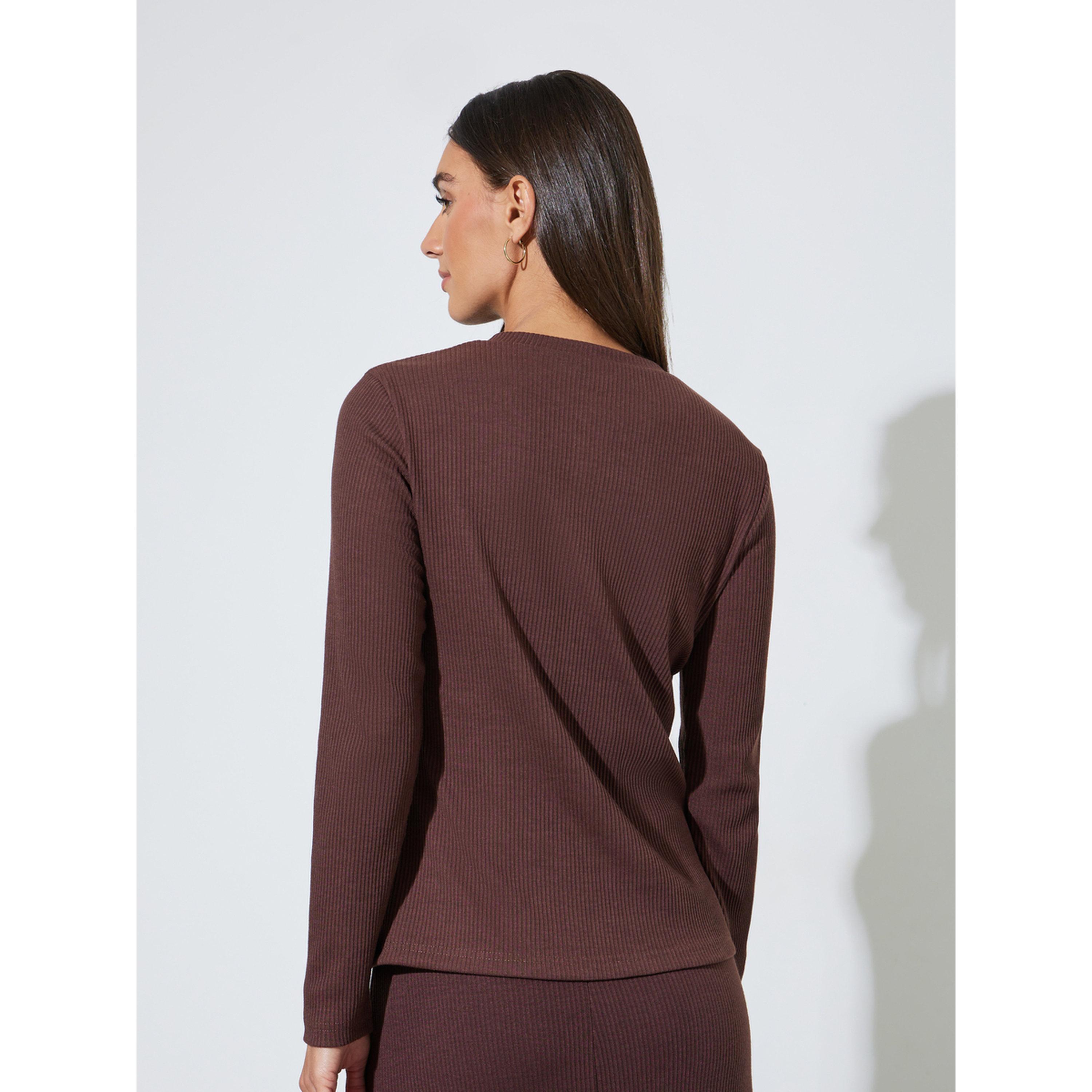 Styli Brown Ribbed Knit Buttoned Top-women-clothing-shirtsandblouses-blouses-image-3