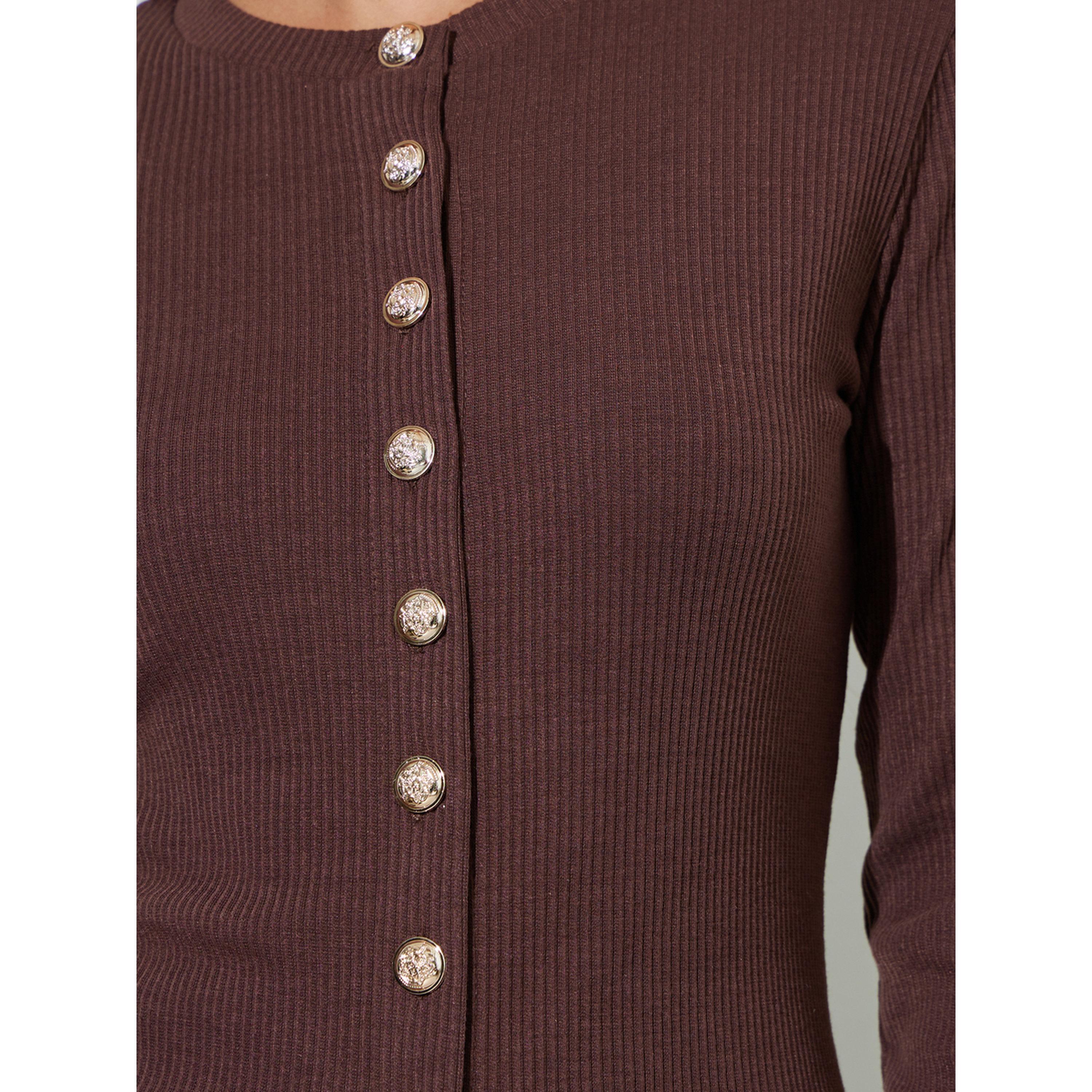 Styli Brown Ribbed Knit Buttoned Top-women-clothing-shirtsandblouses-blouses-image-4
