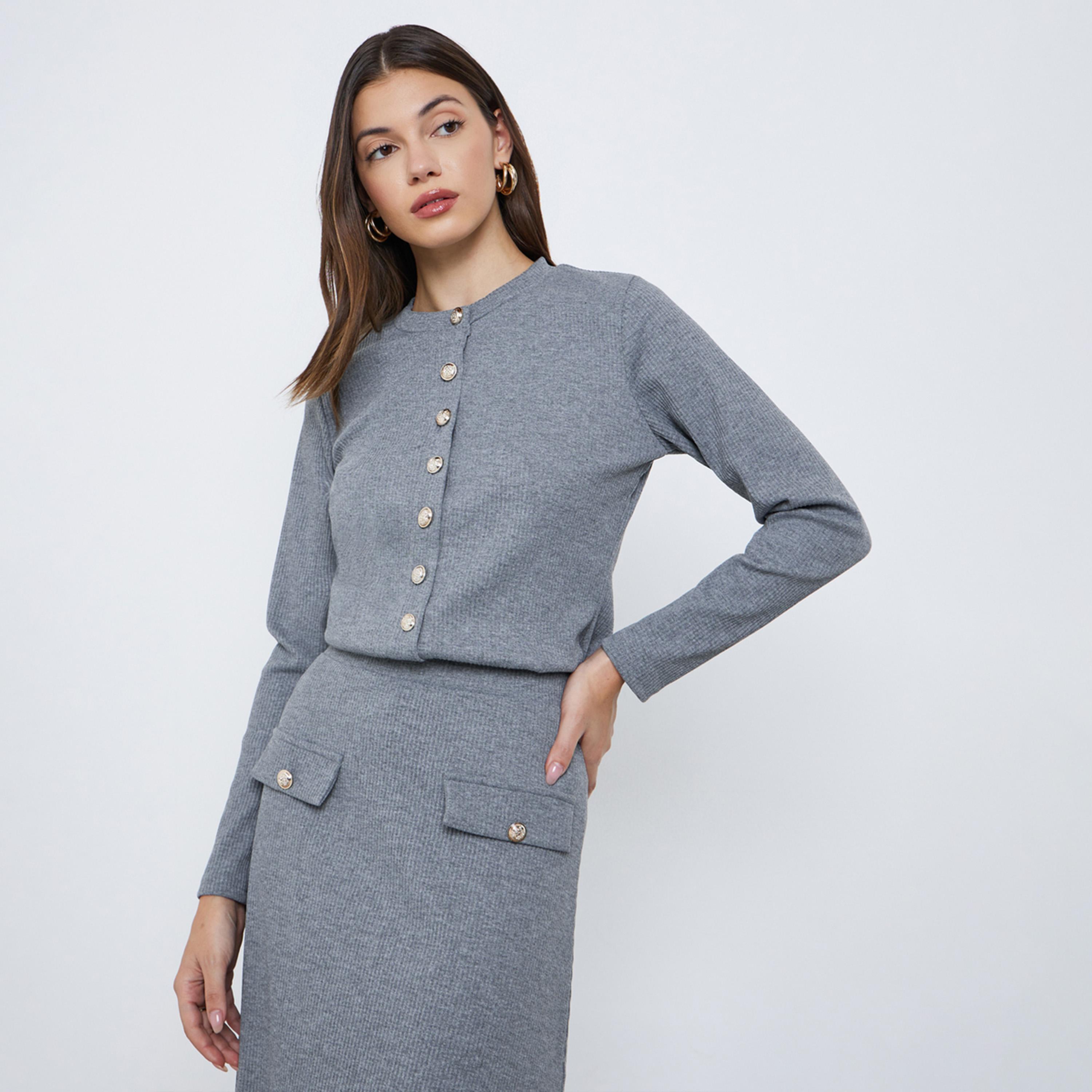 Styli Grey Ribbed Knit Buttoned Top-women-clothing-tshirts-image-1