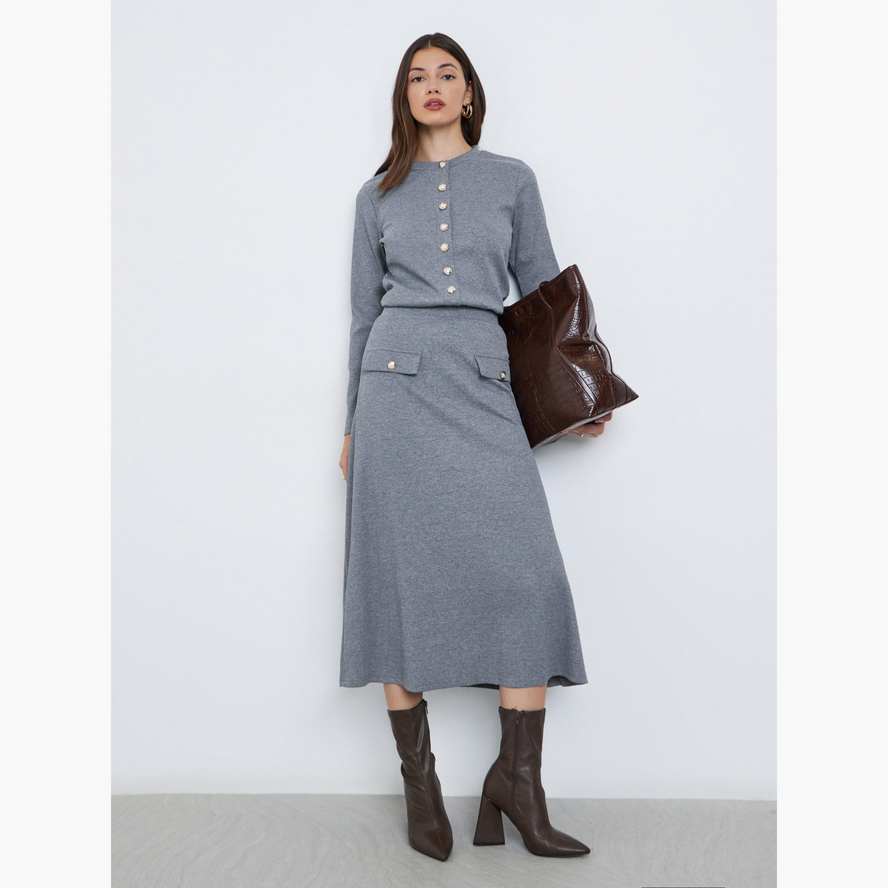 Styli Grey Ribbed Knit Buttoned Top-women-clothing-tshirts-image-2