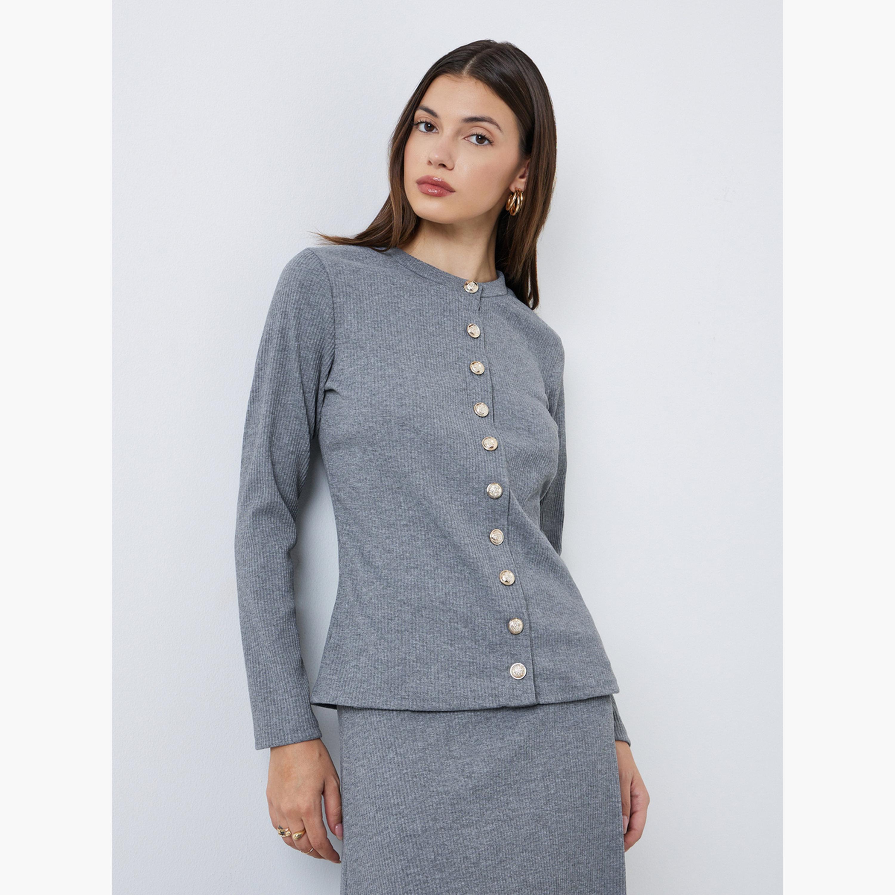 Styli Grey Ribbed Knit Buttoned Top-women-clothing-tshirts-image-3