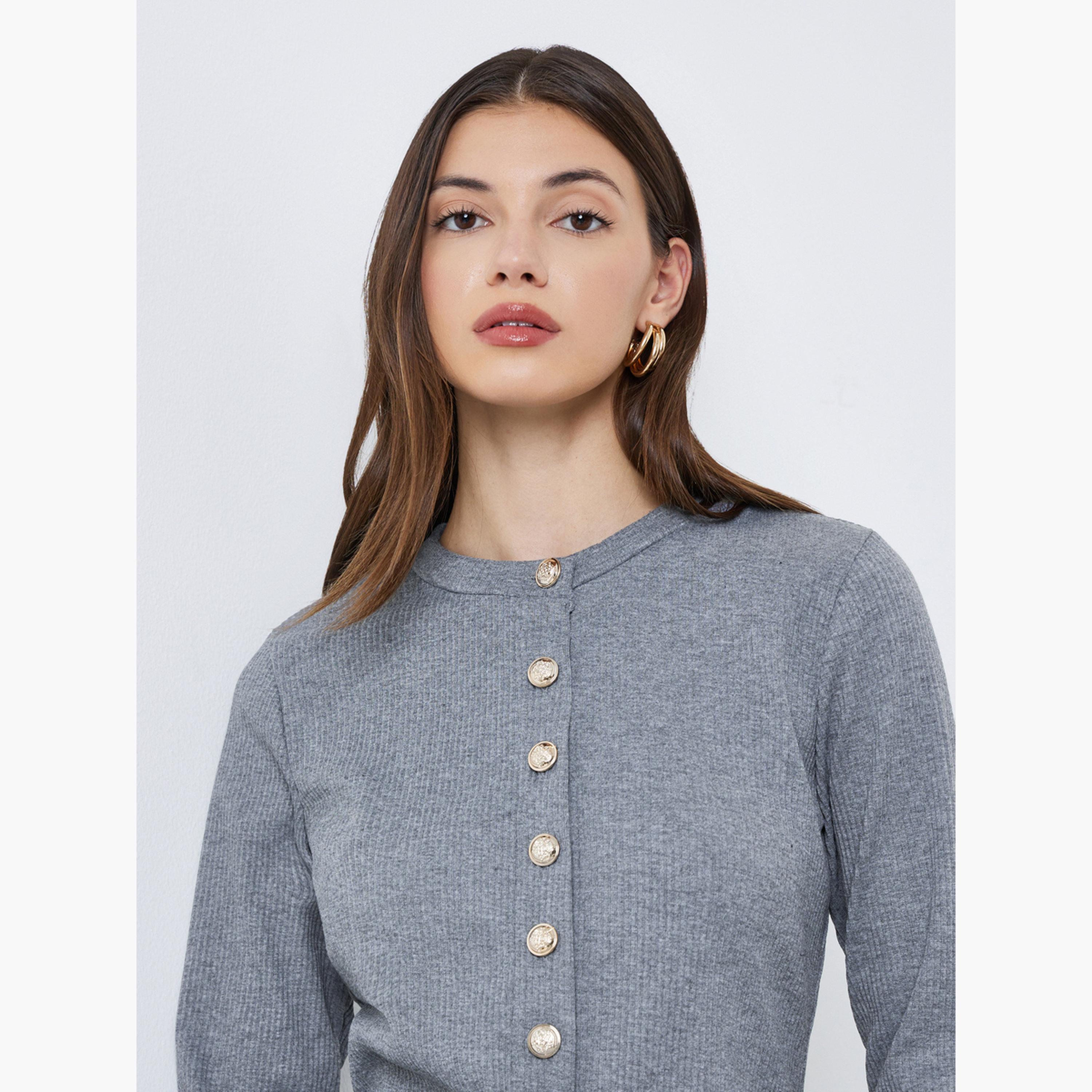 Styli Grey Ribbed Knit Buttoned Top-women-clothing-tshirts-image-4