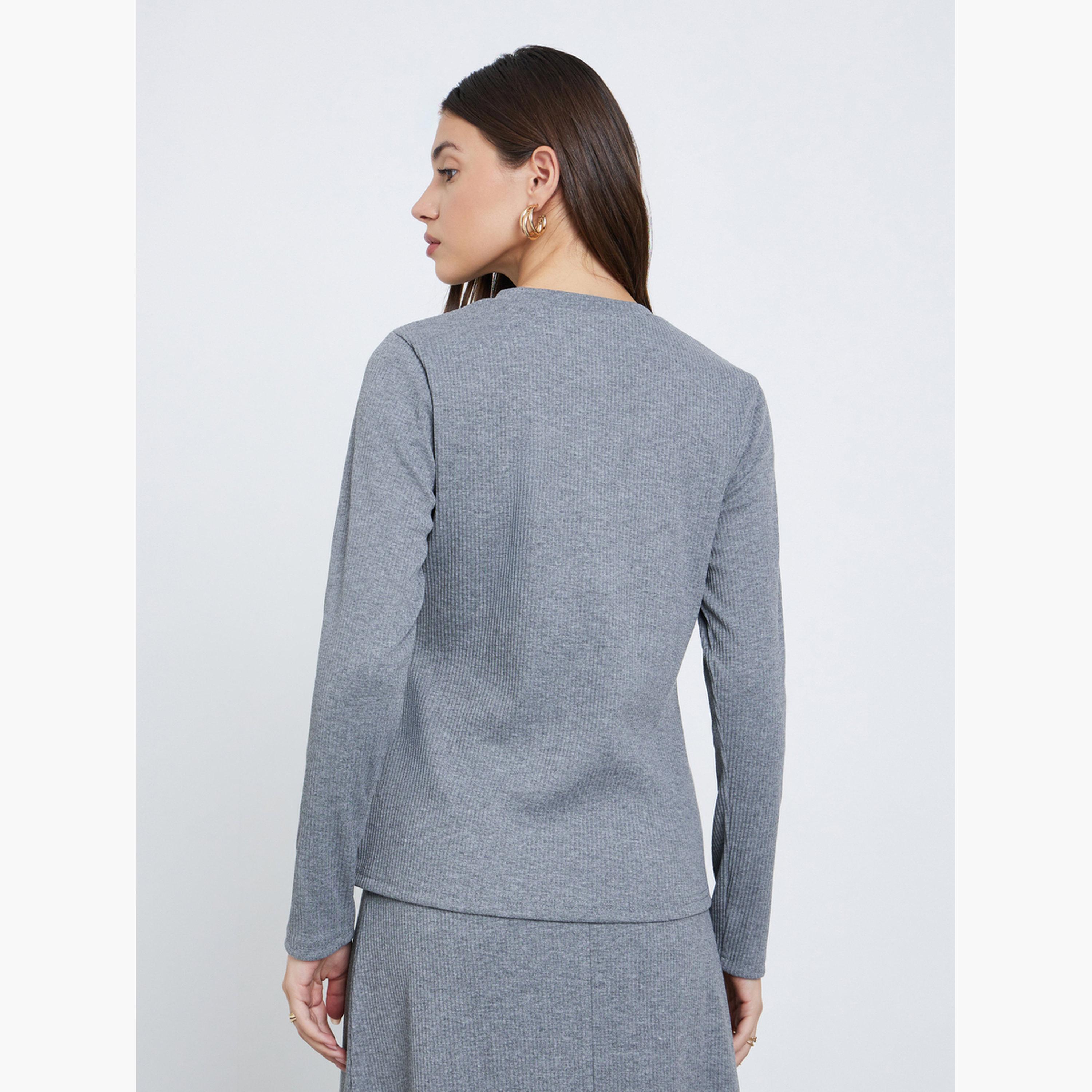 Styli Grey Ribbed Knit Buttoned Top-women-clothing-tshirts-image-5