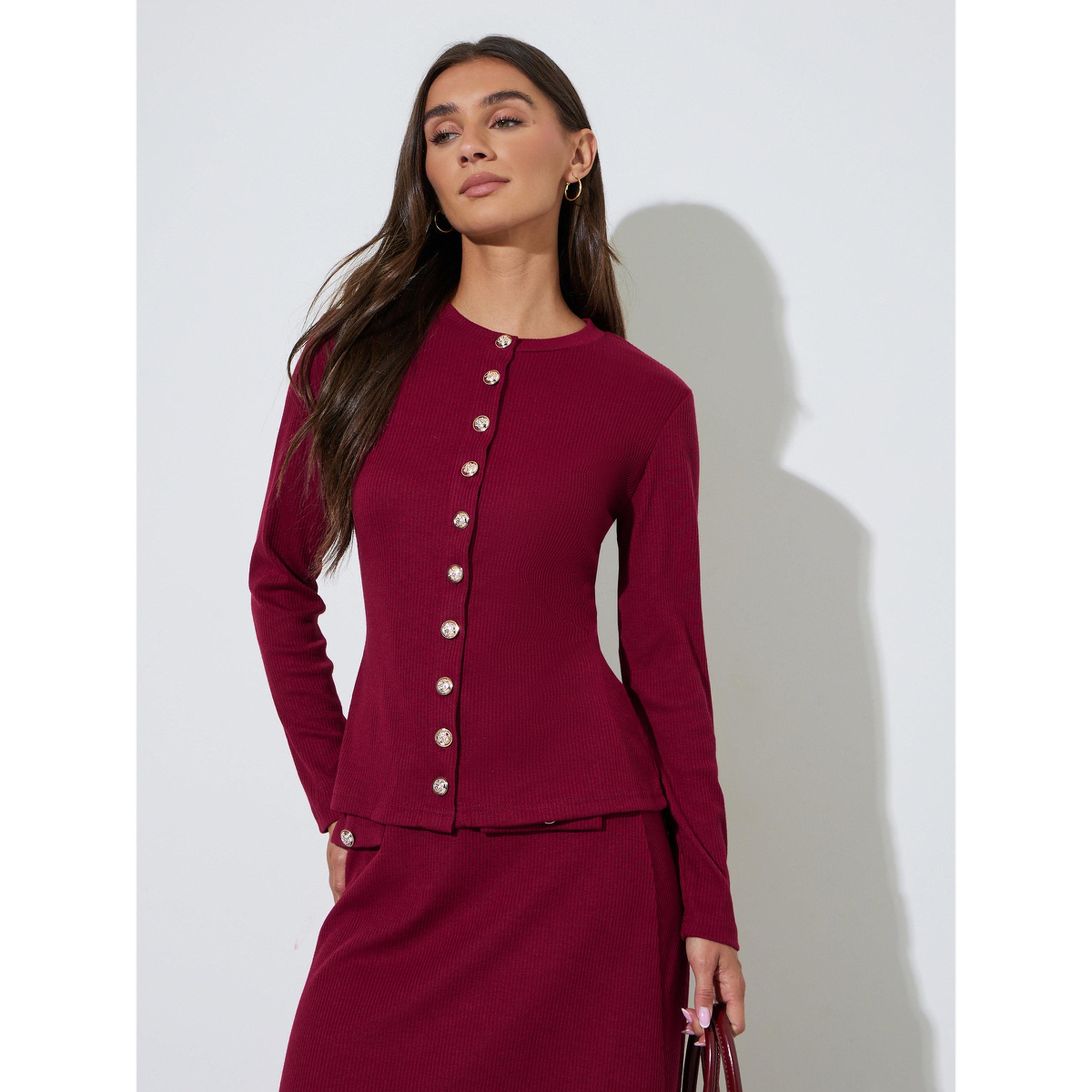 ستايلي - بلوزة أنيقة من قماش محبوك مضلع باللون العنابي مع أزرار-women-clothing-shirtsandblouses-blouses-image-1