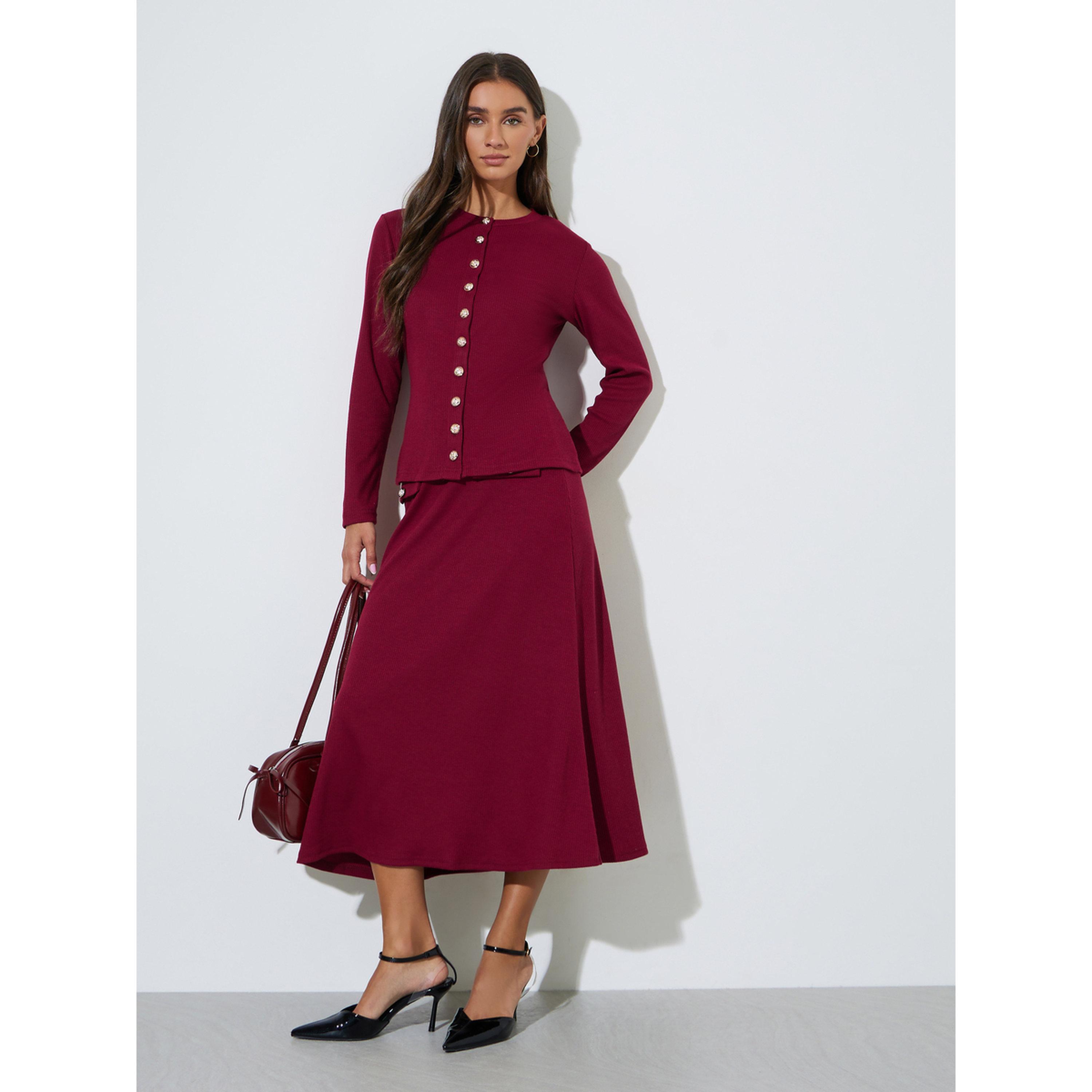 ستايلي - بلوزة أنيقة من قماش محبوك مضلع باللون العنابي مع أزرار-women-clothing-shirtsandblouses-blouses-image-2