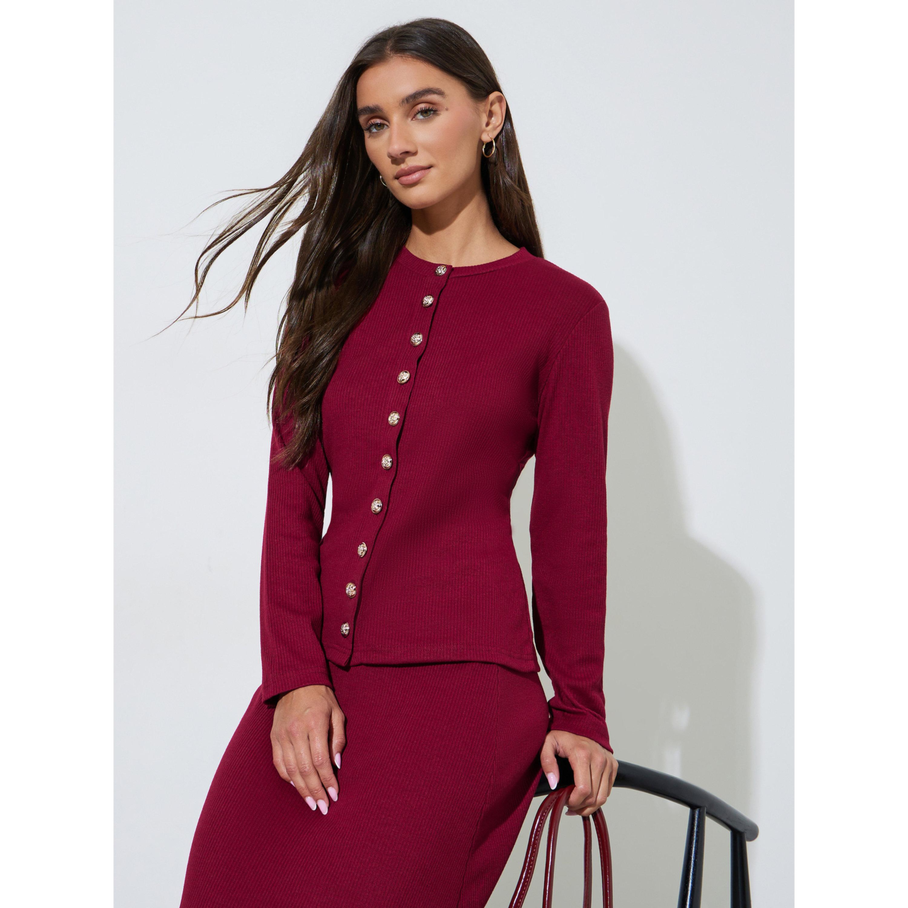 ستايلي - بلوزة أنيقة من قماش محبوك مضلع باللون العنابي مع أزرار-women-clothing-shirtsandblouses-blouses-image-4