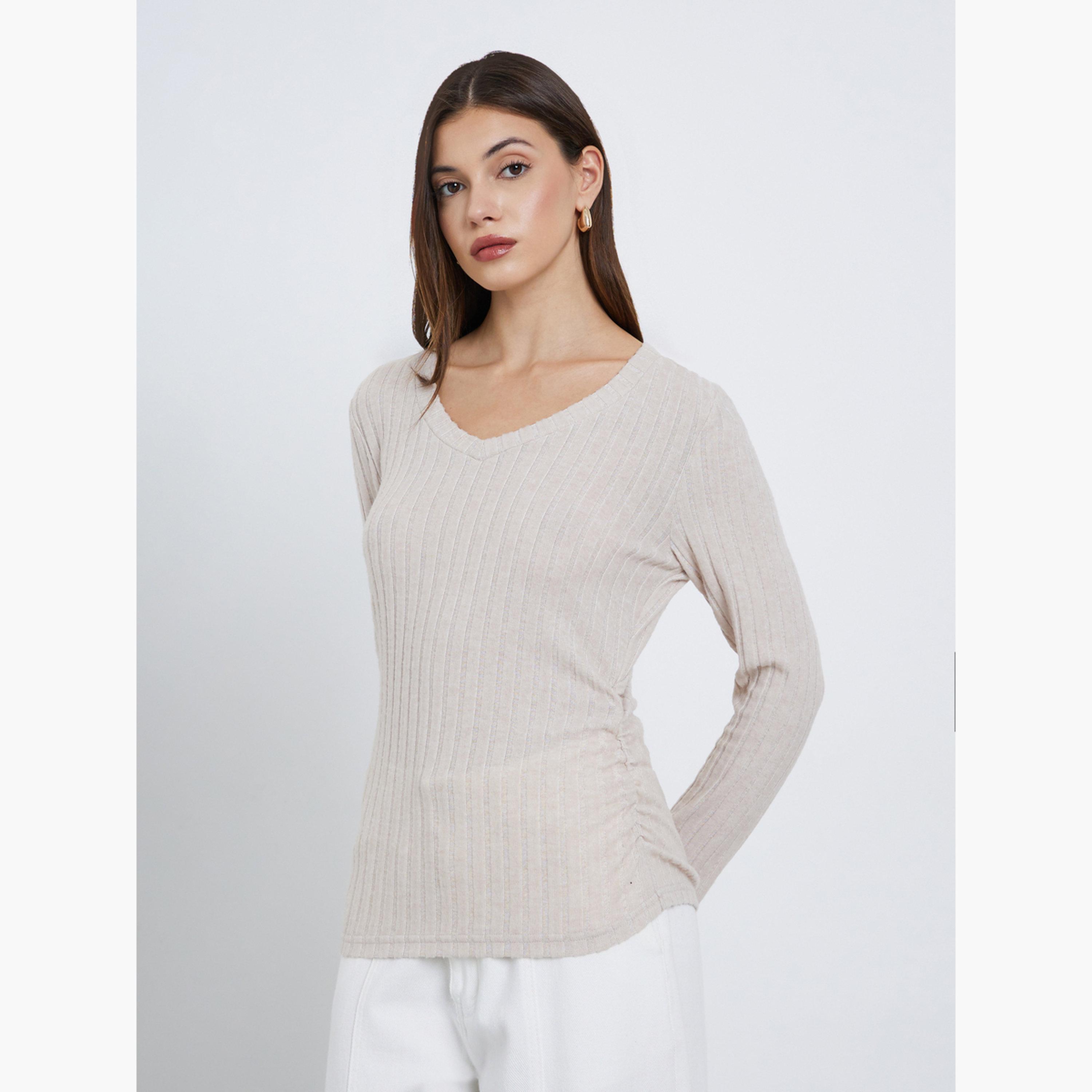ستايلي - بلوزة محبوكة مضلعة لون بيج-women-clothing-tshirts-image-3