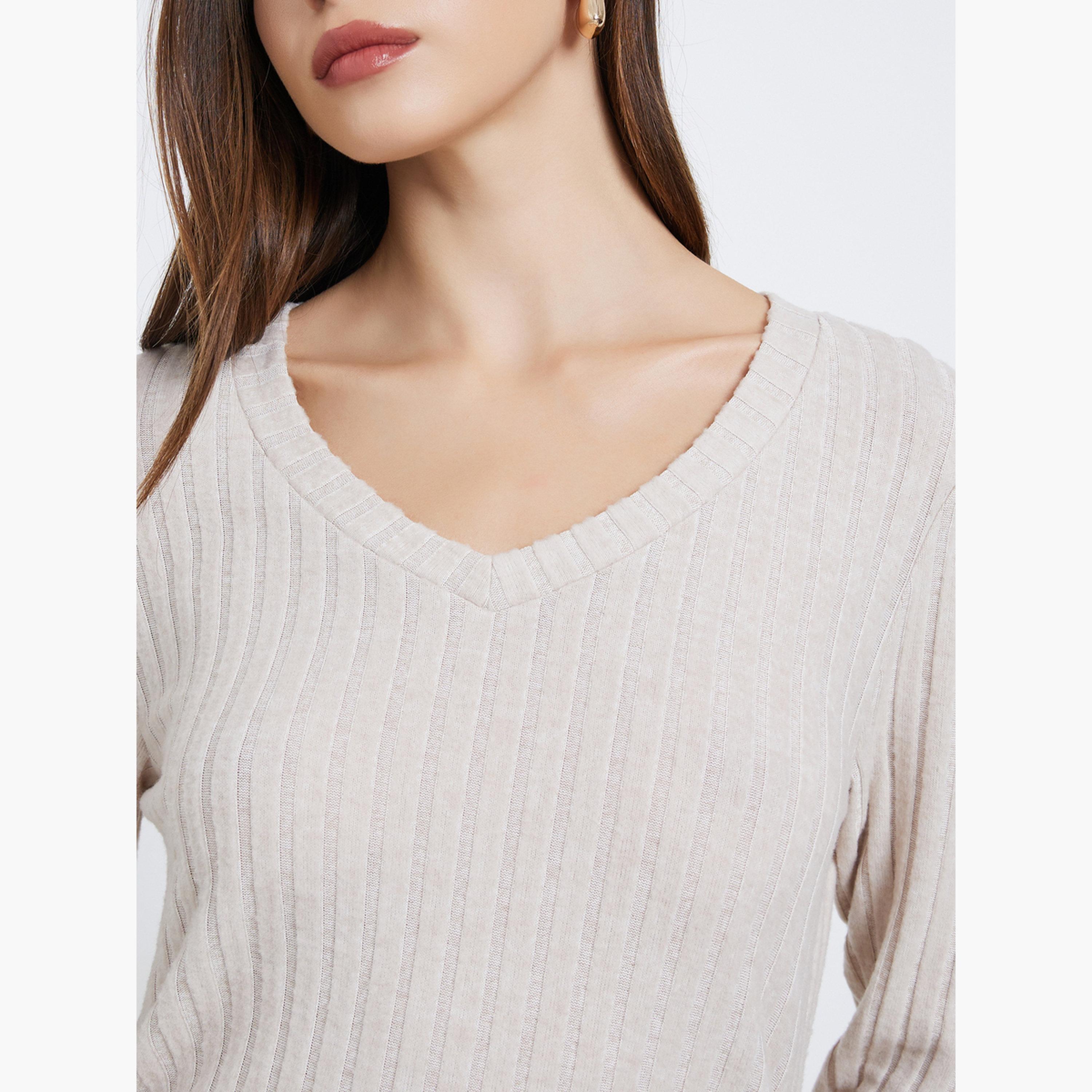 ستايلي - بلوزة محبوكة مضلعة لون بيج-women-clothing-tshirts-image-4