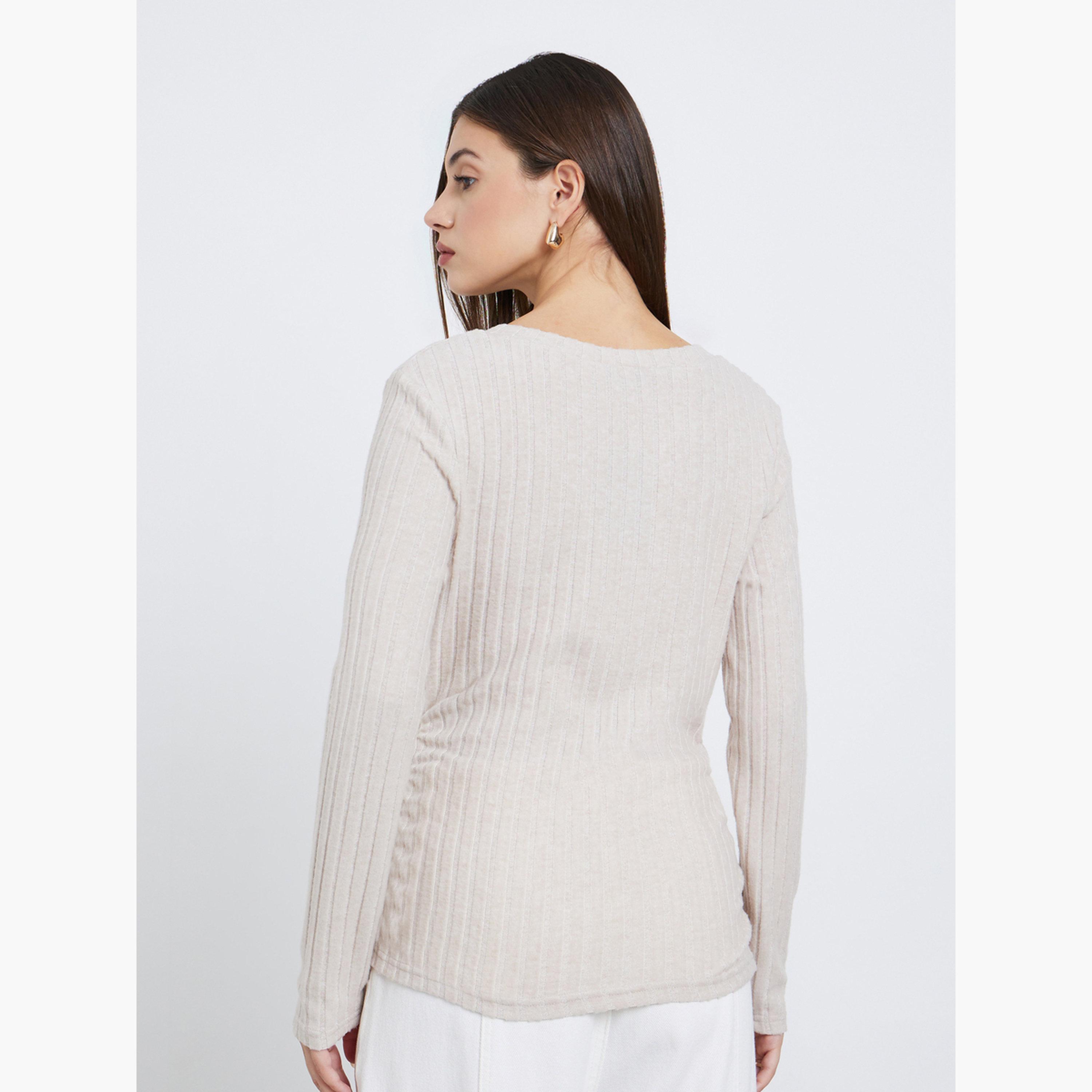 Styli Beige Ribbed Knit Top-women-clothing-tshirts-image-5