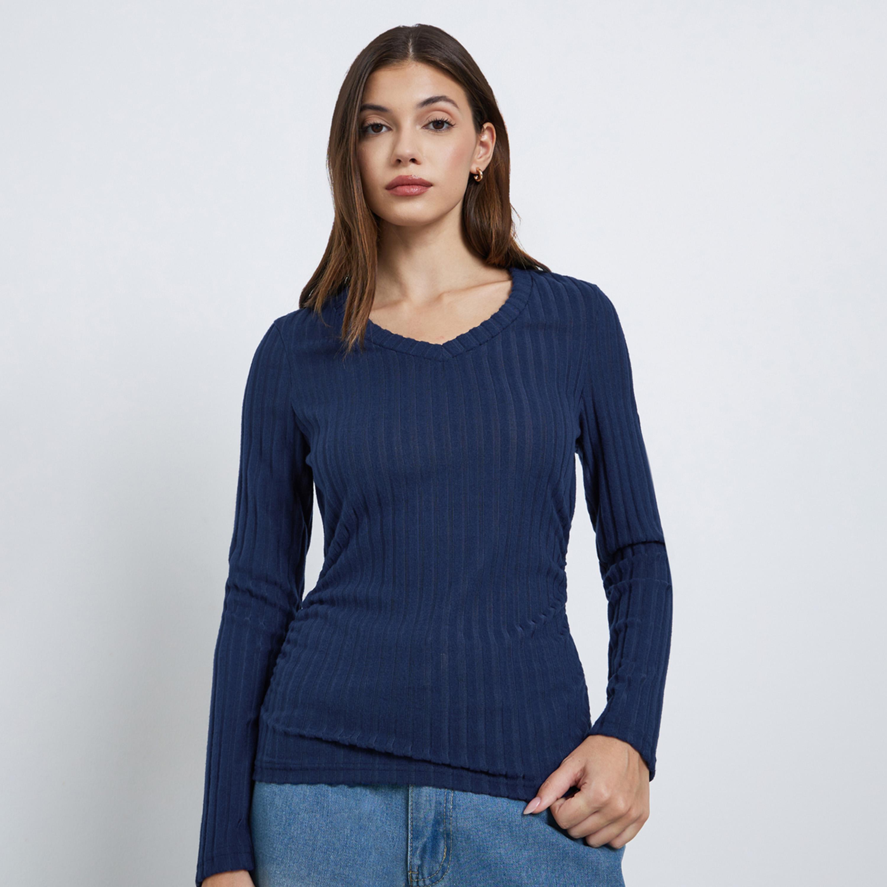 Styli Navy Blue Ribbed Knit Top-women-clothing-tshirts-image-1