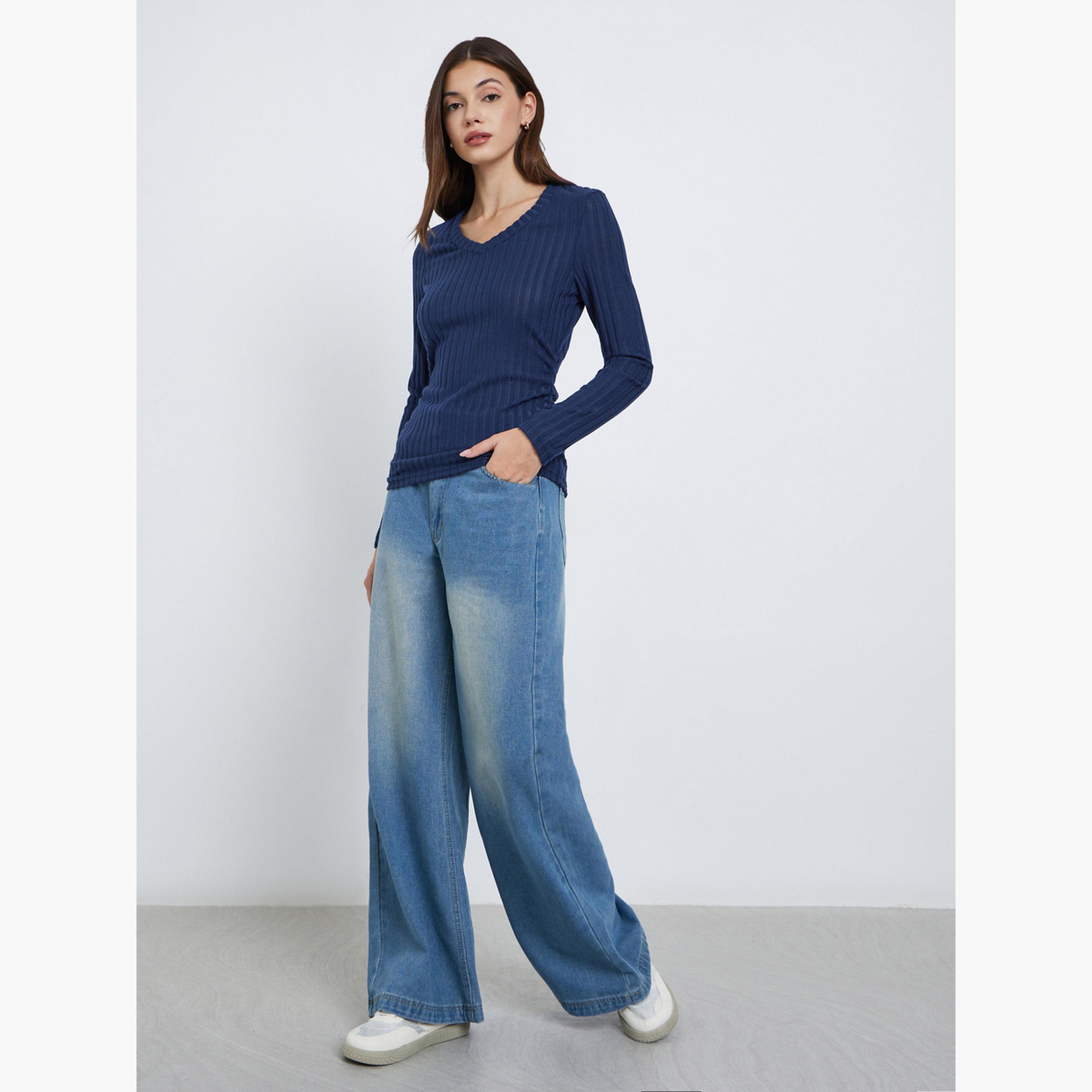 ستايلي - بلوزة محبوكة مضلعة لون أزرق داكن-women-clothing-tshirts-image-2