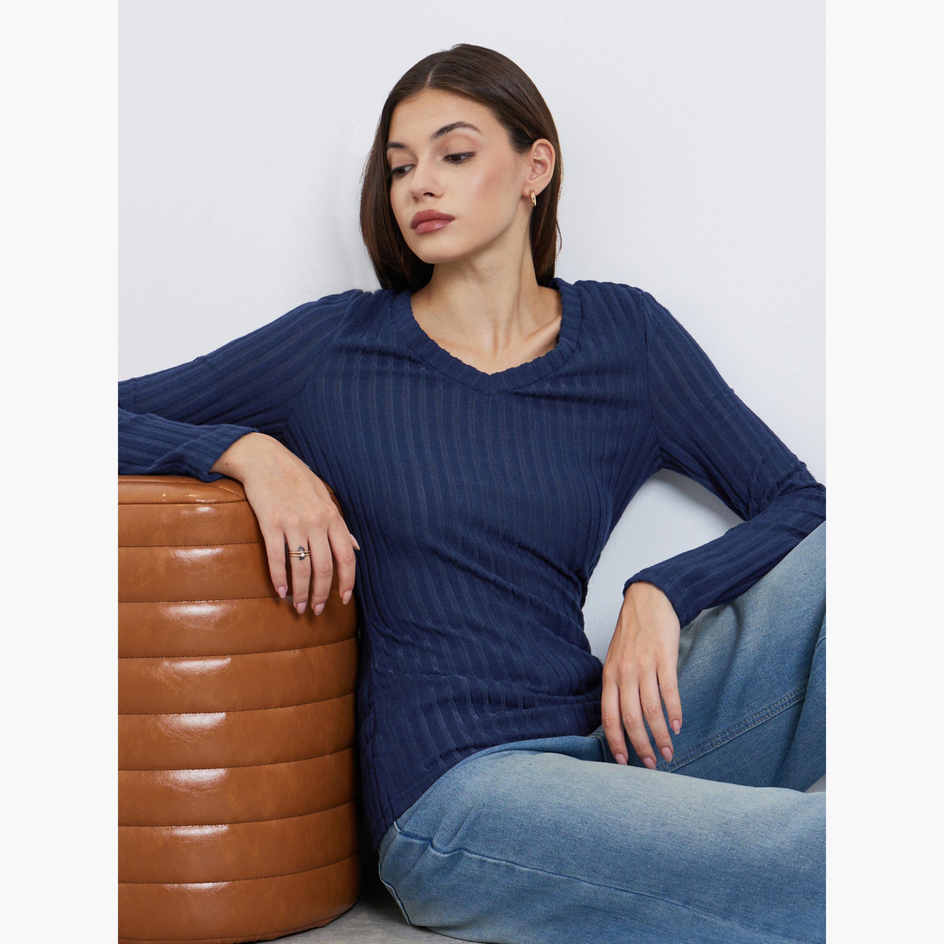 ستايلي - بلوزة محبوكة مضلعة لون أزرق داكن-women-clothing-tshirts-image-3