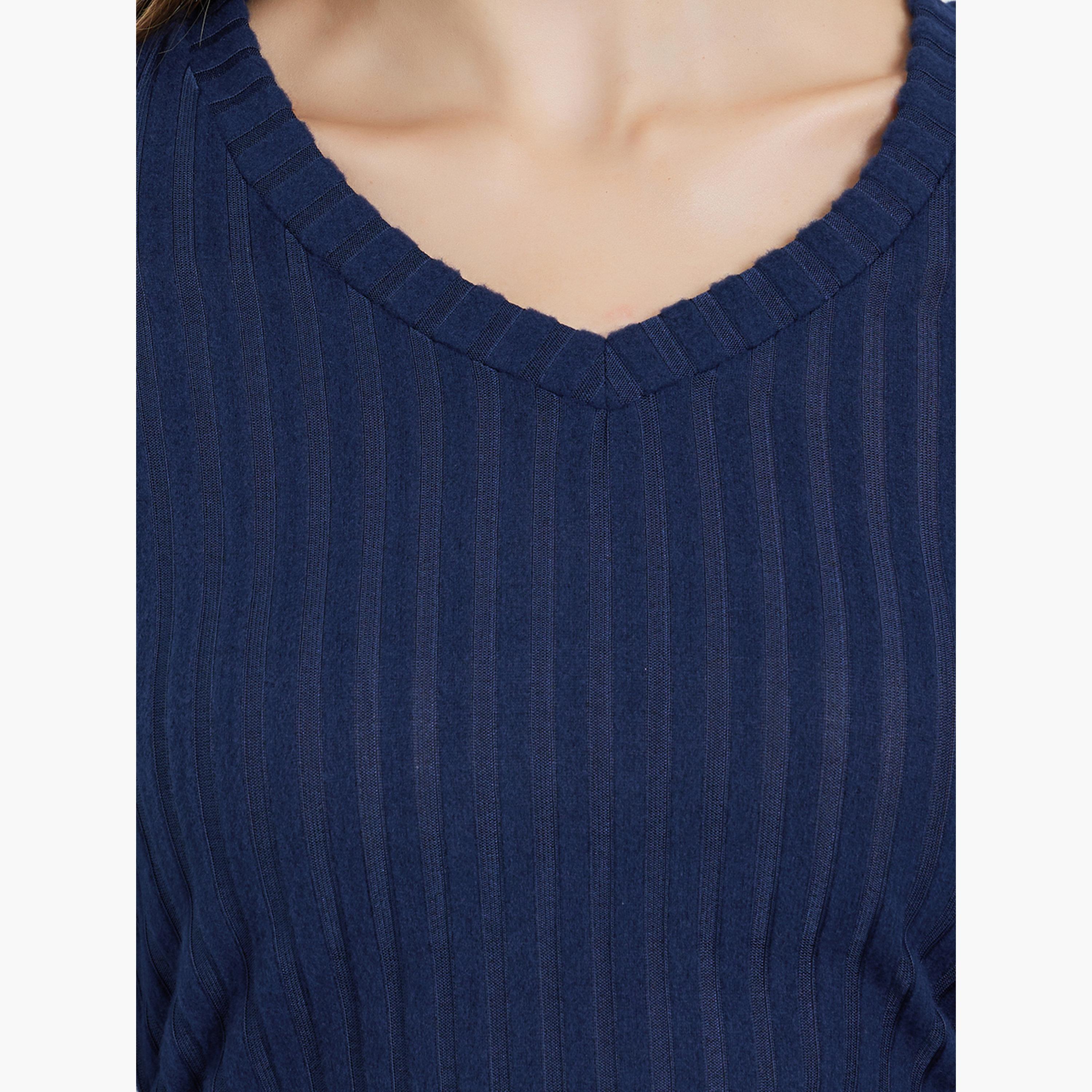 Styli Navy Blue Ribbed Knit Top-women-clothing-tshirts-image-4