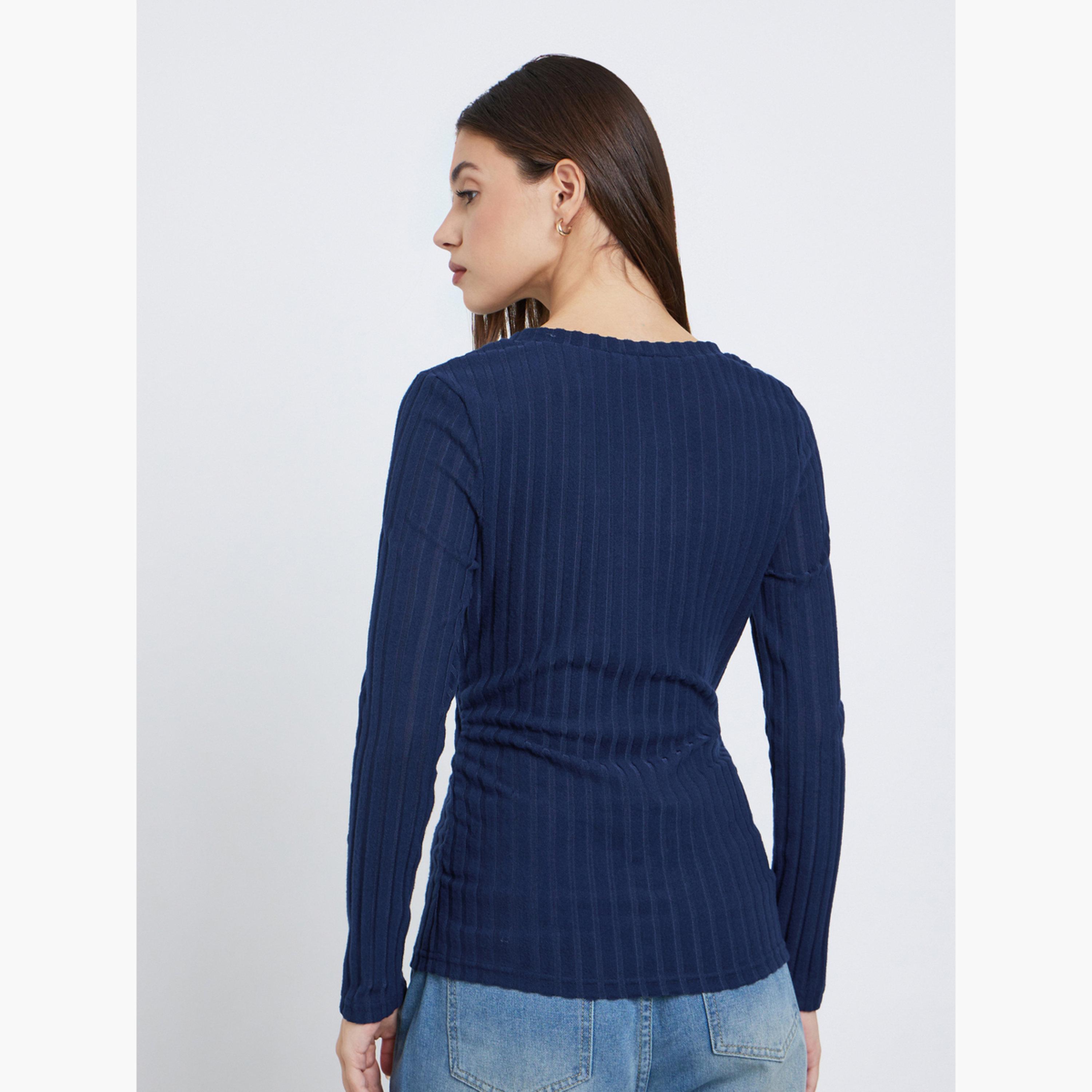 Styli Navy Blue Ribbed Knit Top-women-clothing-tshirts-image-5
