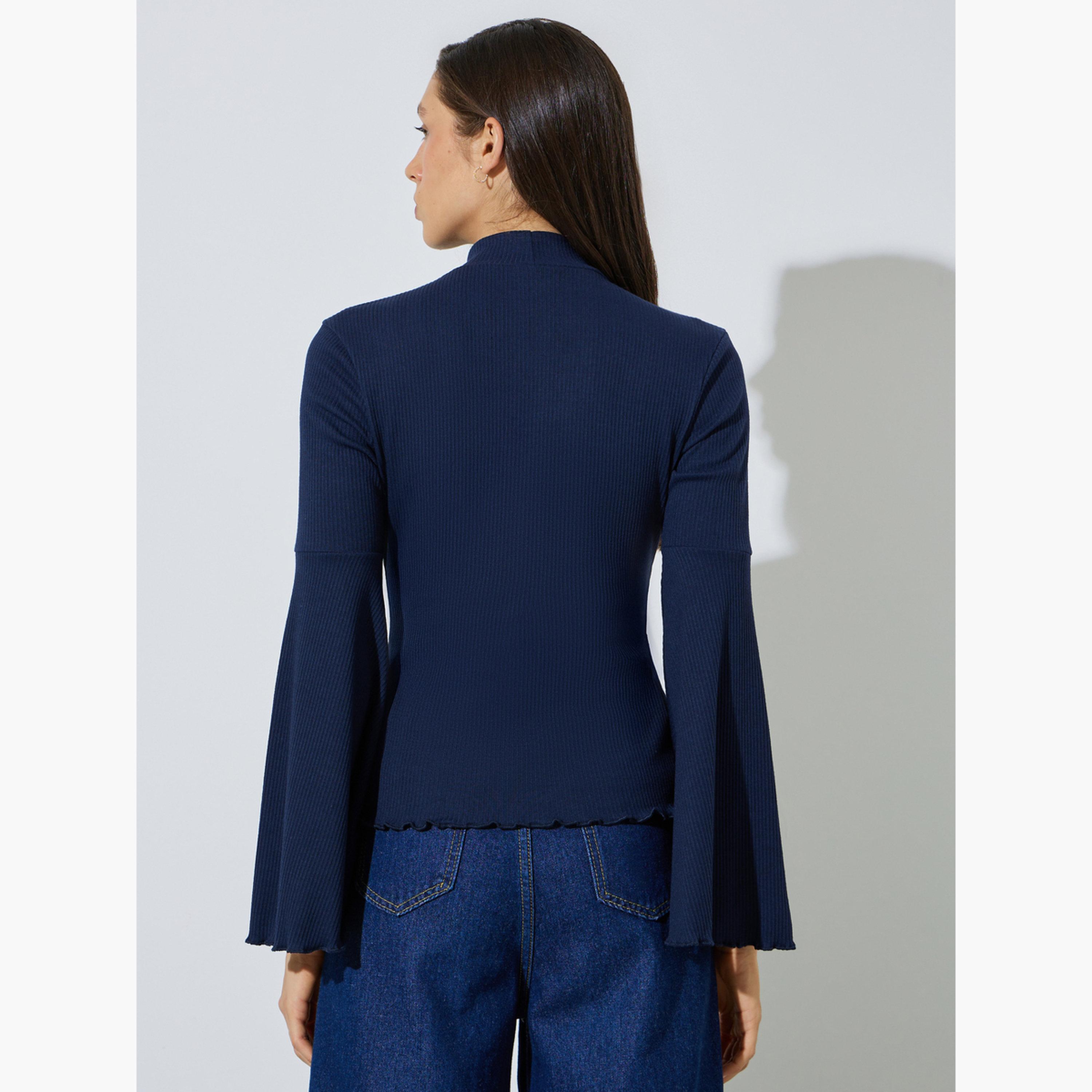 Styli Navy Blue Bell Sleeves Ribbed Knit Top-women-clothing-shirtsandblouses-blouses-image-4