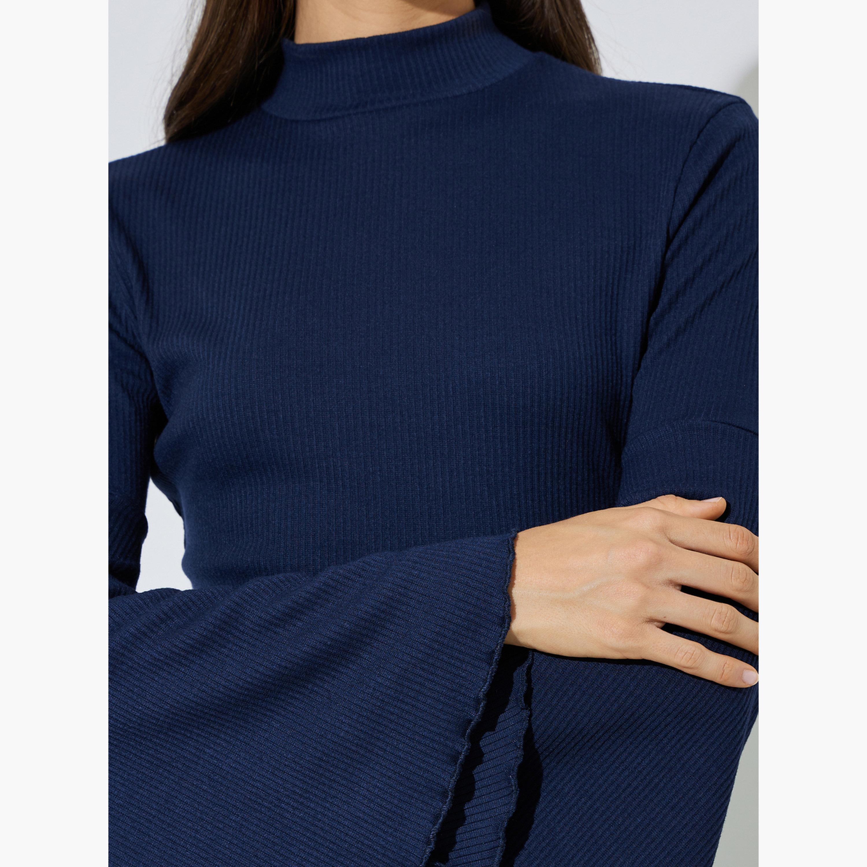 Styli Navy Blue Bell Sleeves Ribbed Knit Top-women-clothing-shirtsandblouses-blouses-image-5
