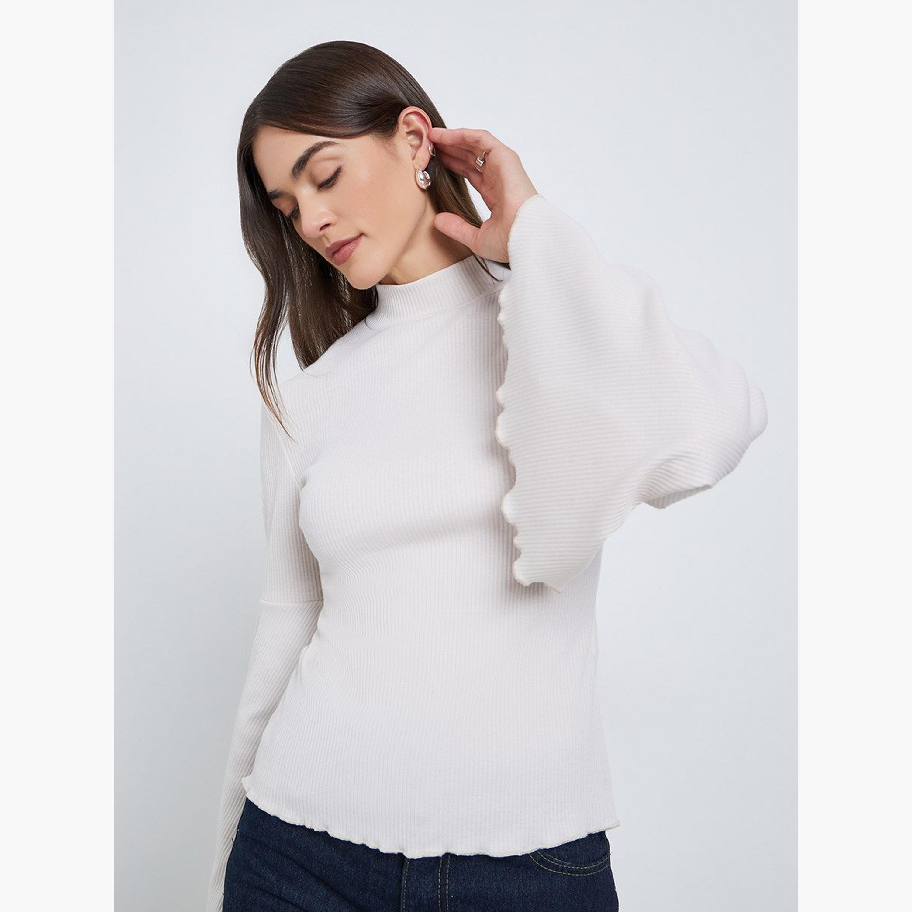 ستايلي - بلوزة محبوكة مضلعة لون أبيض العاجي بأكمام واسعة-women-clothing-tshirts-image-1