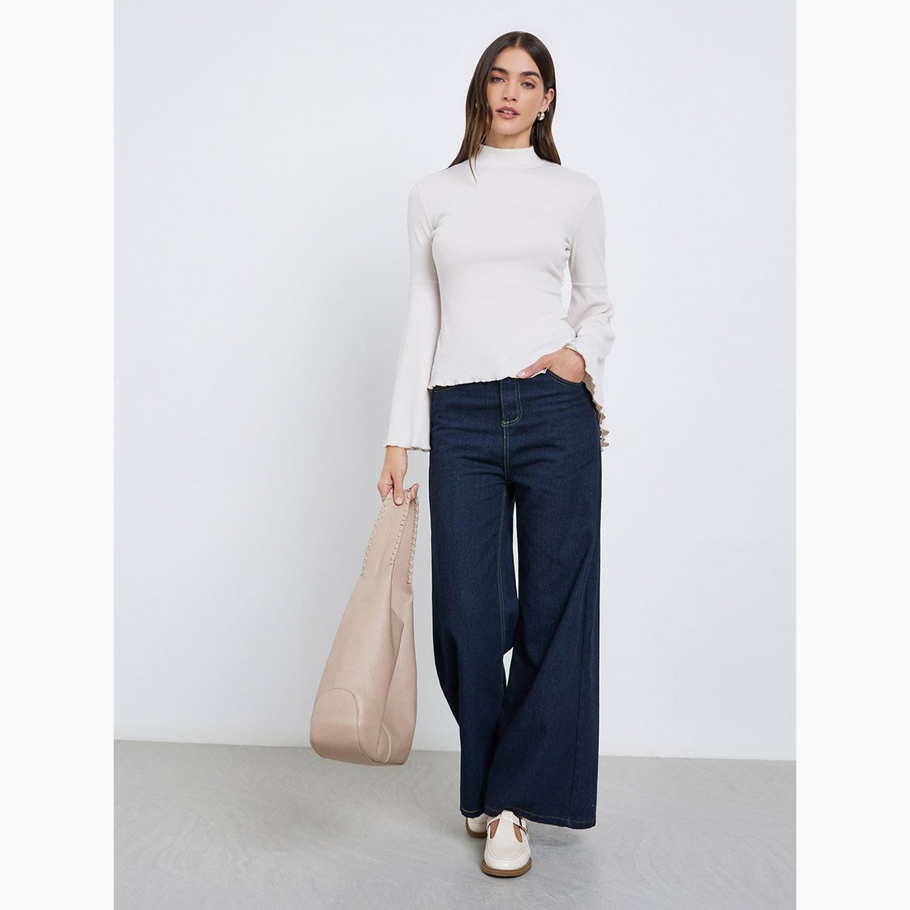 Styli Off White Ribbed Knit Flared Sleeve Top-women-clothing-tshirts-image-2