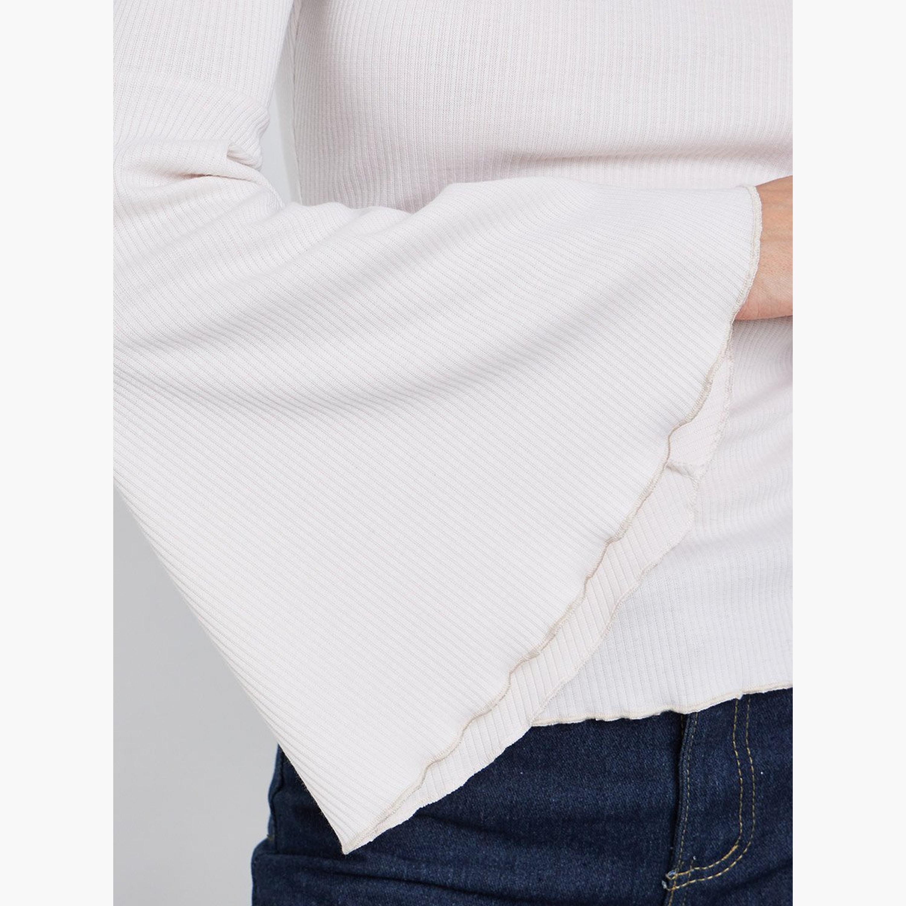 Styli Off White Ribbed Knit Flared Sleeve Top-women-clothing-tshirts-image-3