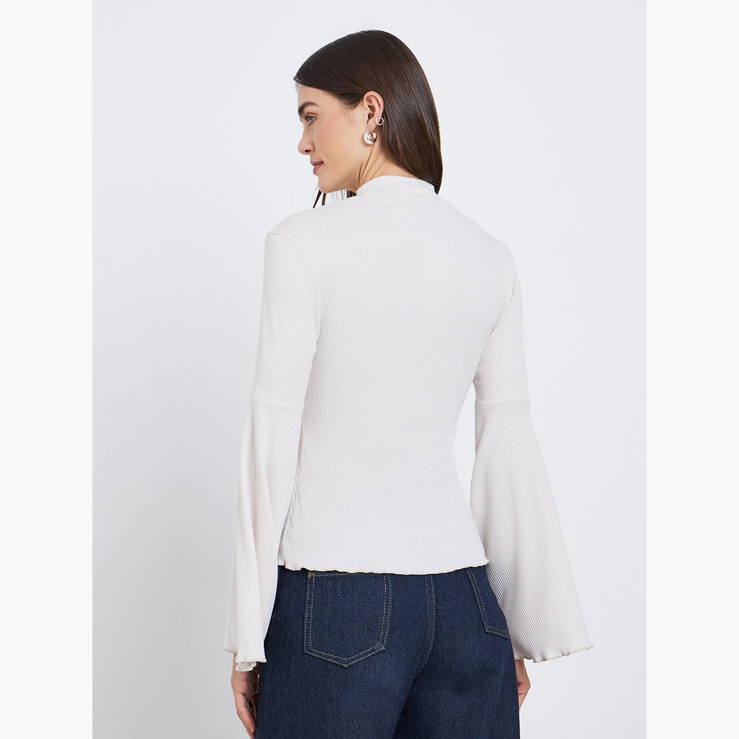 ستايلي - بلوزة محبوكة مضلعة لون أبيض العاجي بأكمام واسعة-women-clothing-tshirts-image-4
