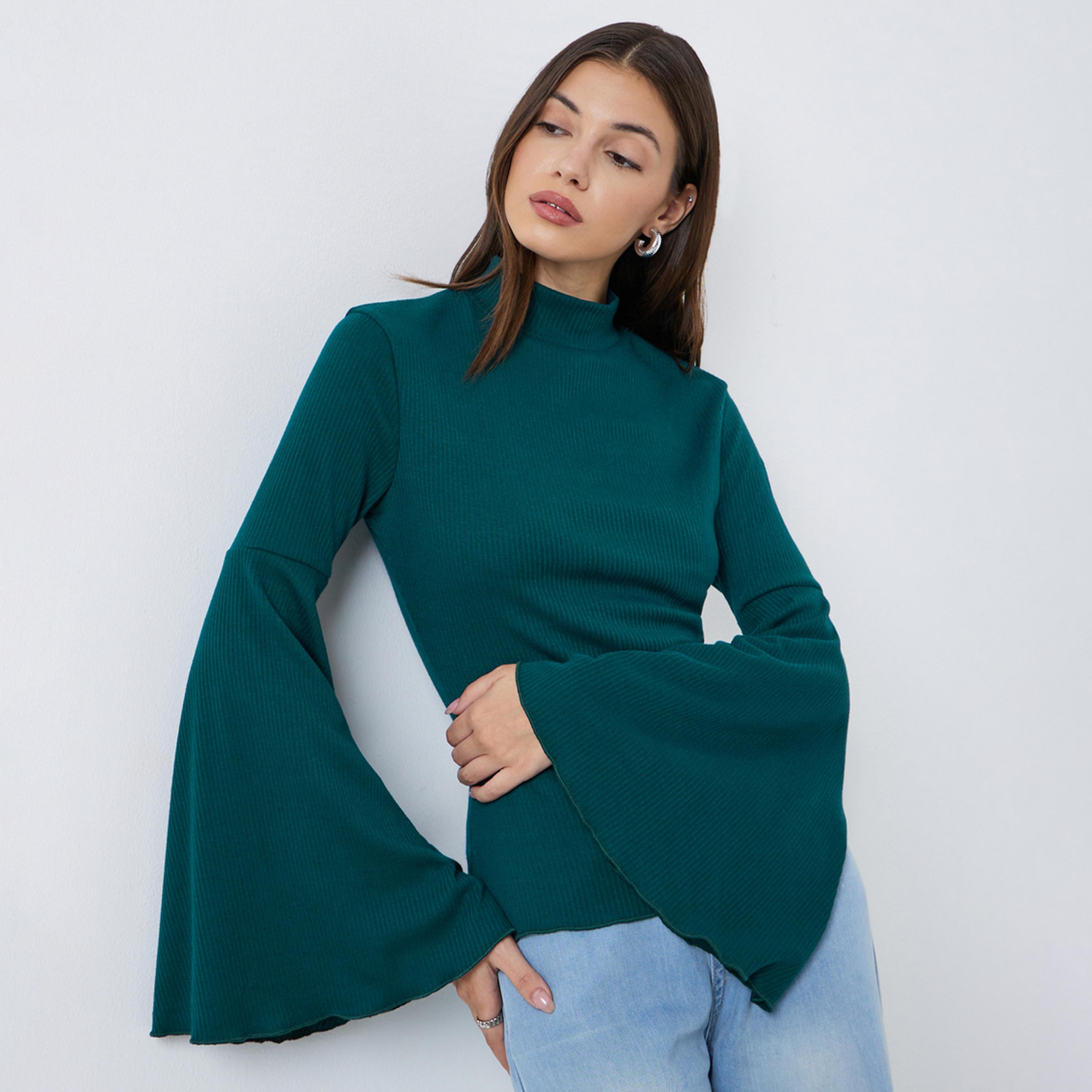 Styli Teal Bell Sleeve Knit Top-women-clothing-tshirts-image-1