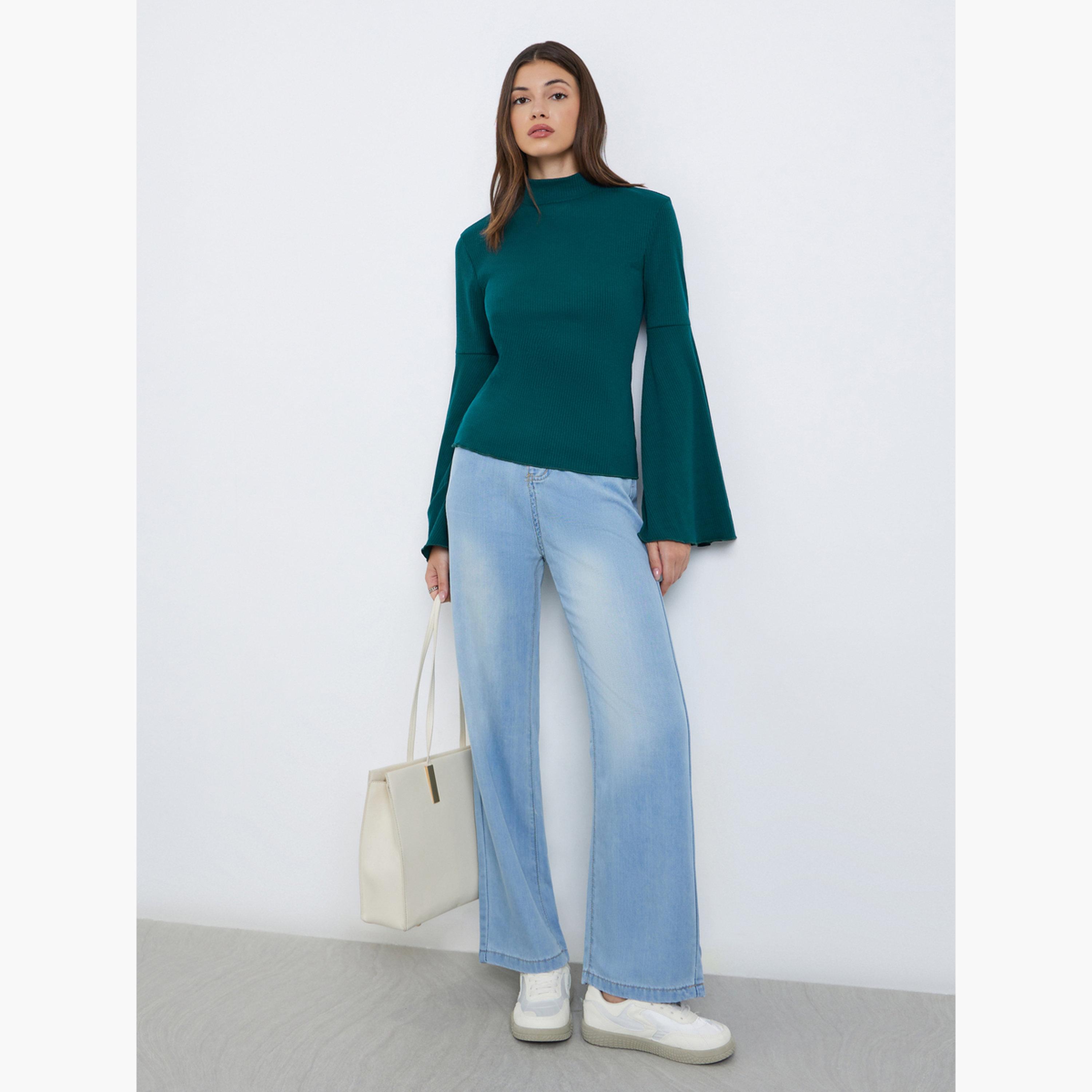 Styli Teal Bell Sleeve Knit Top-women-clothing-tshirts-image-2