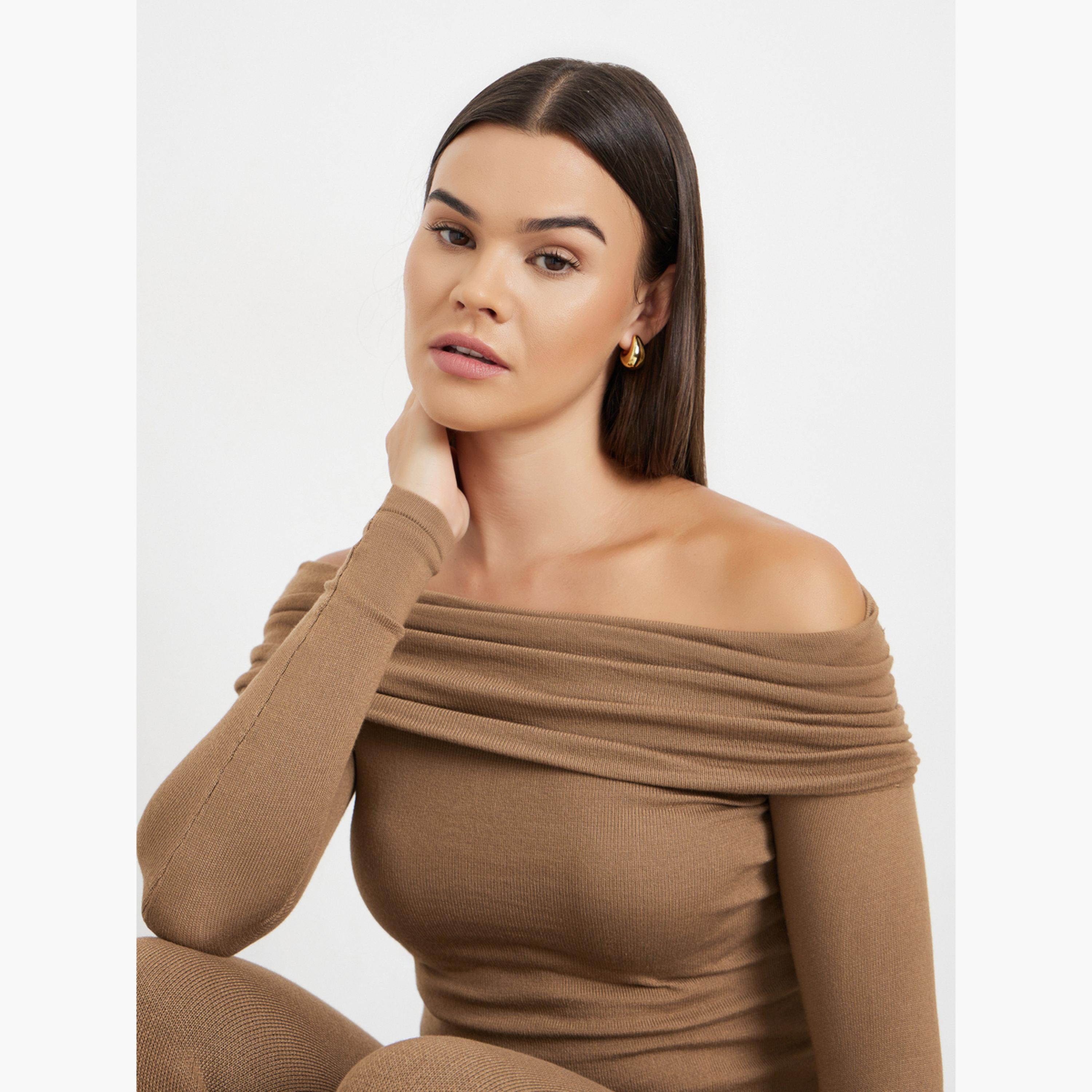 ستايلي - بلوزة نسائية محبوكة مسطحة برقبة باردة بلون بني فاتح-women-clothing-tshirts-image-3