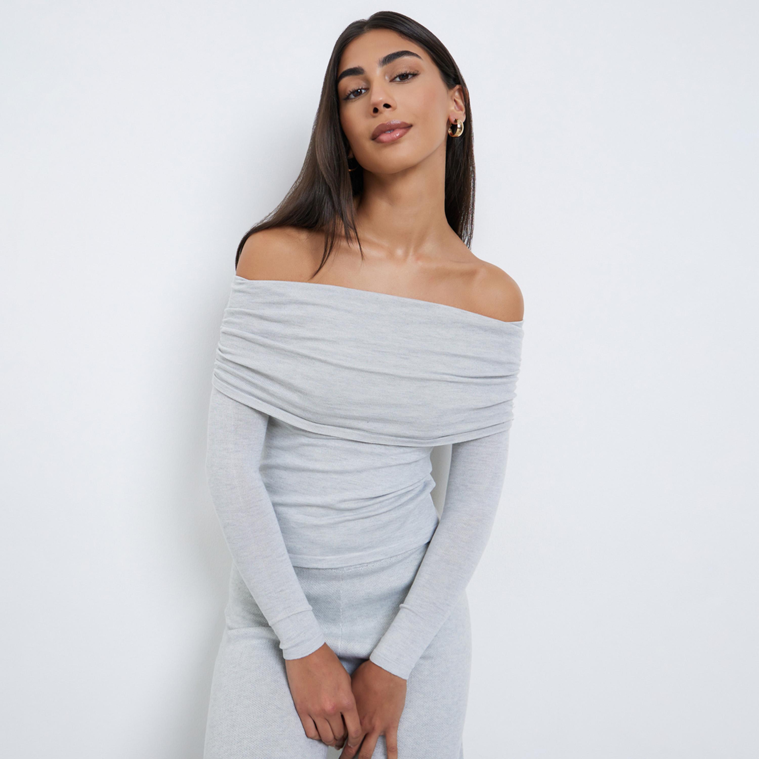 Styli Women Grey Bardot Neck Flat Knit Top-women-clothing-tshirts-image-1