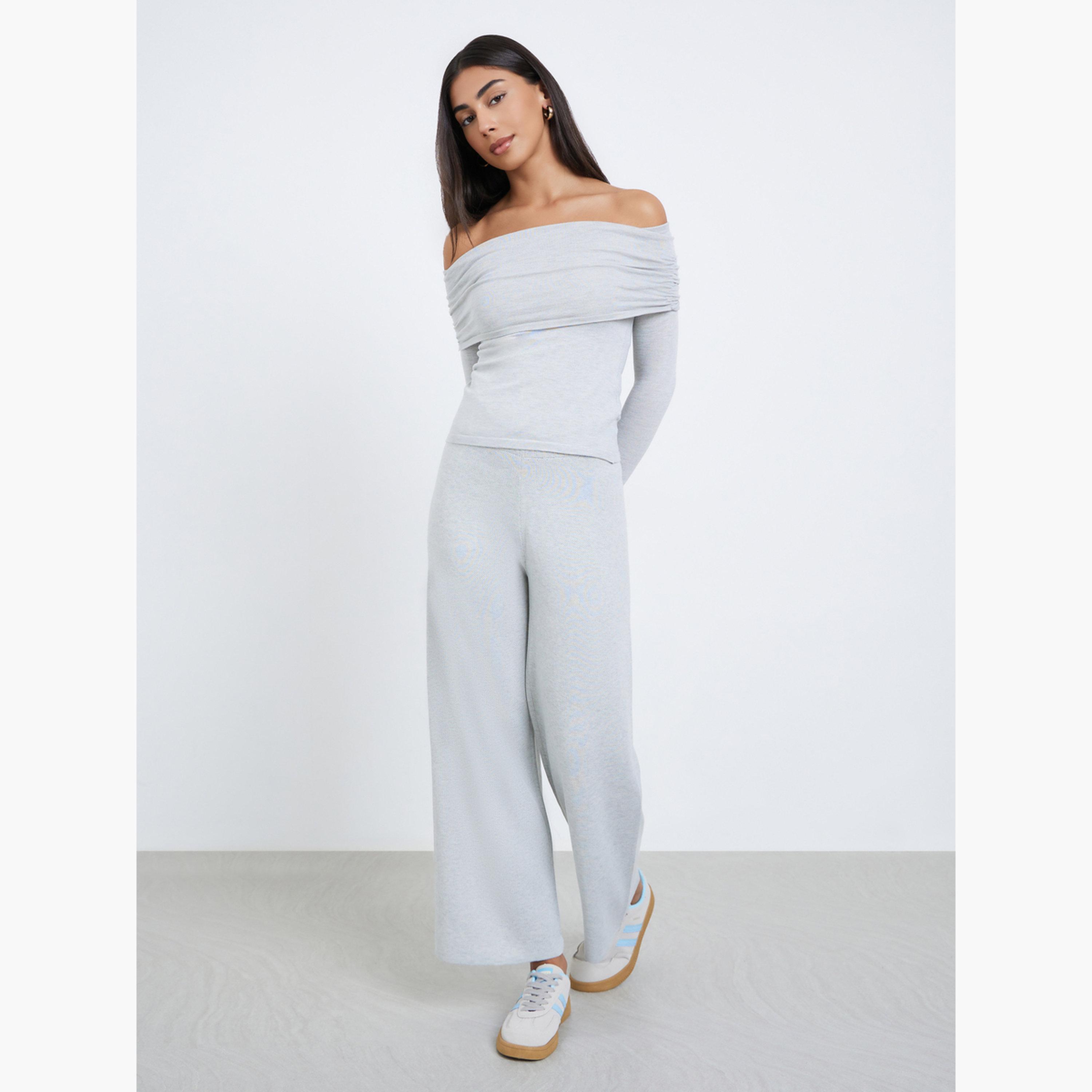 Styli Women Grey Bardot Neck Flat Knit Top-women-clothing-tshirts-image-2