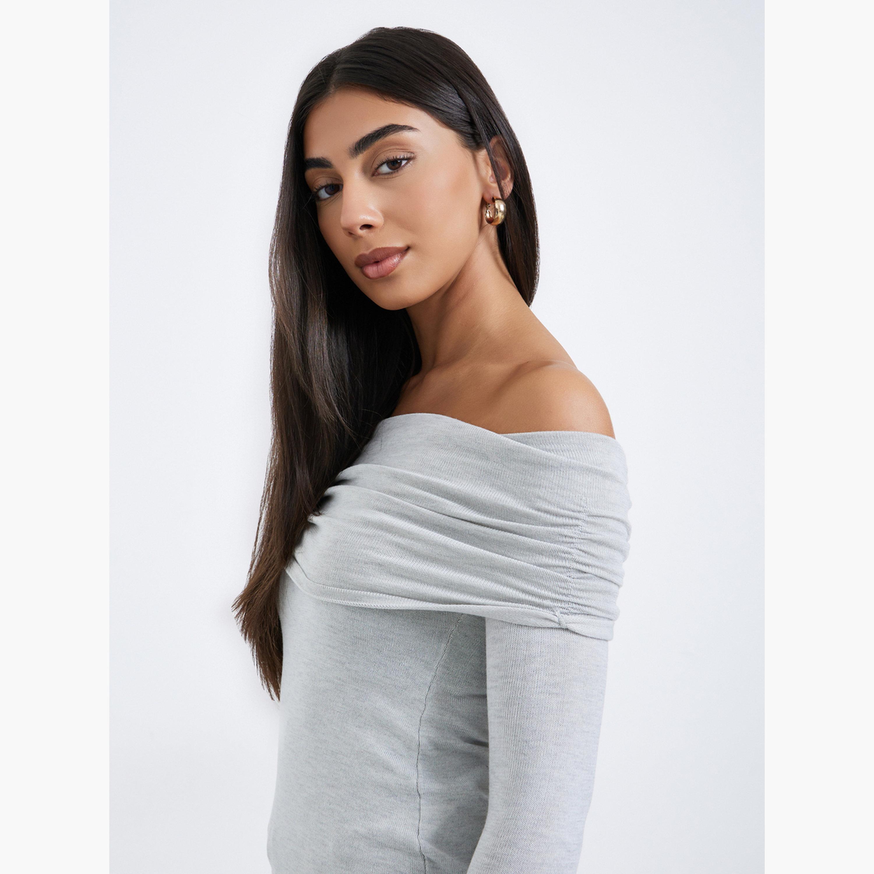 Styli Women Grey Bardot Neck Flat Knit Top-women-clothing-tshirts-image-3