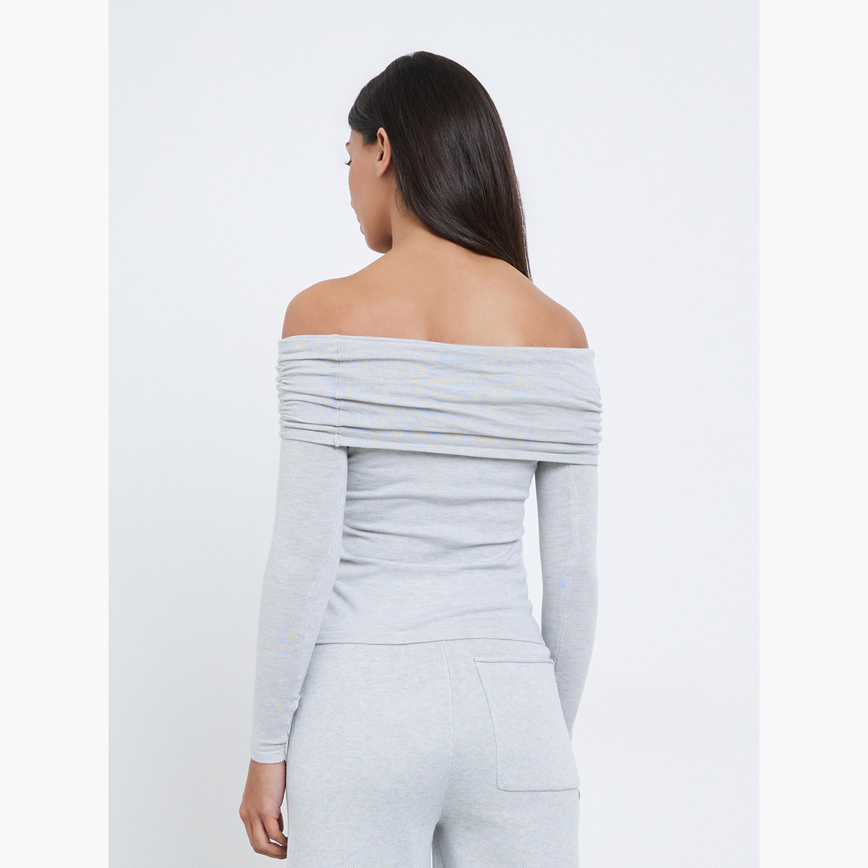 Styli Women Grey Bardot Neck Flat Knit Top-women-clothing-tshirts-image-4