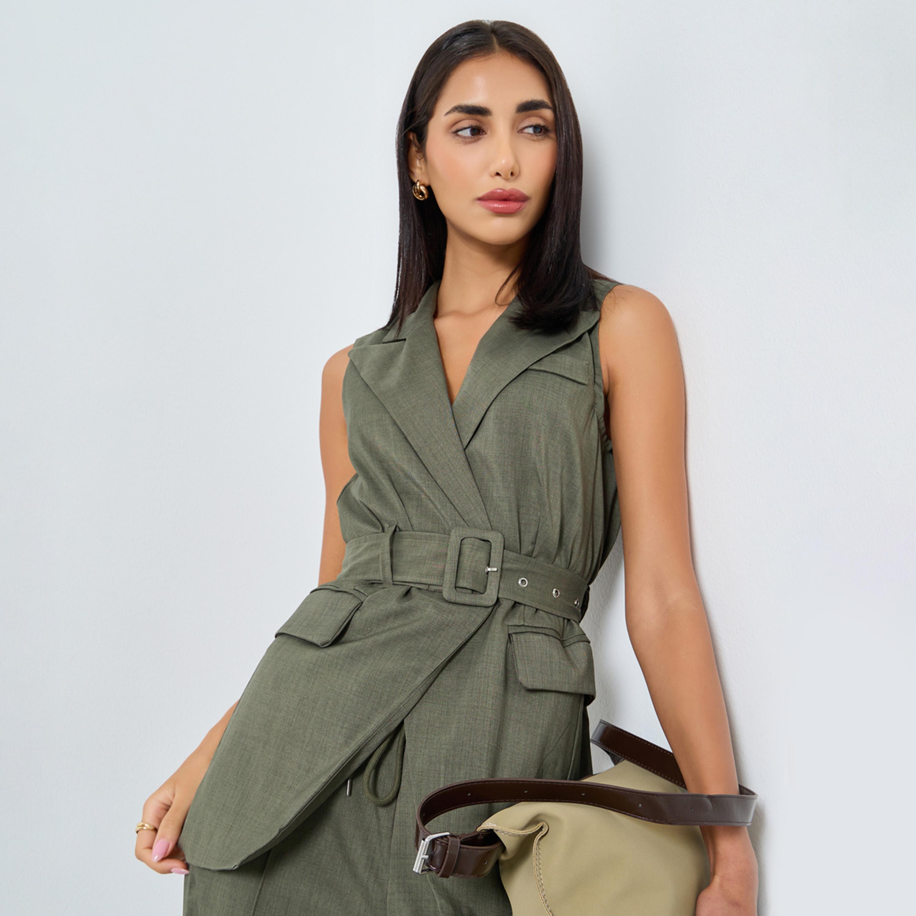 ستايلي - سترة طويلة بدون أكمام بحزام لون زيتوني-women-winterwear-coatsandjackets-waistcoats-image-1